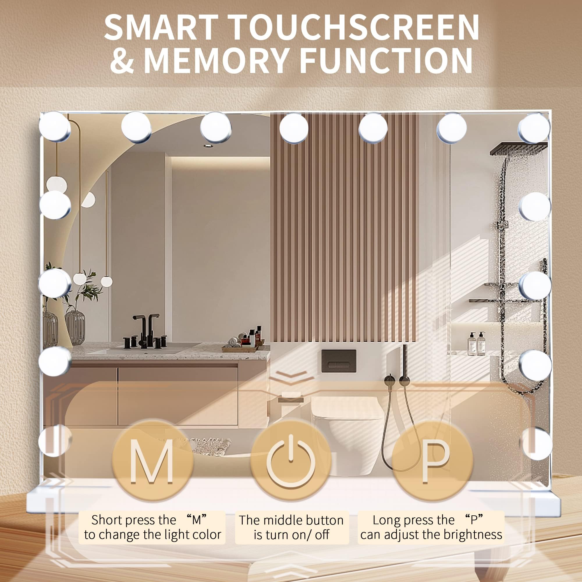 Slimoon Hollywood Vanity Mirror With Lights, 15 Dimmable Led Bulbs 3 Color Lighted Makeup Mirror With Detachable 10X Magnificati