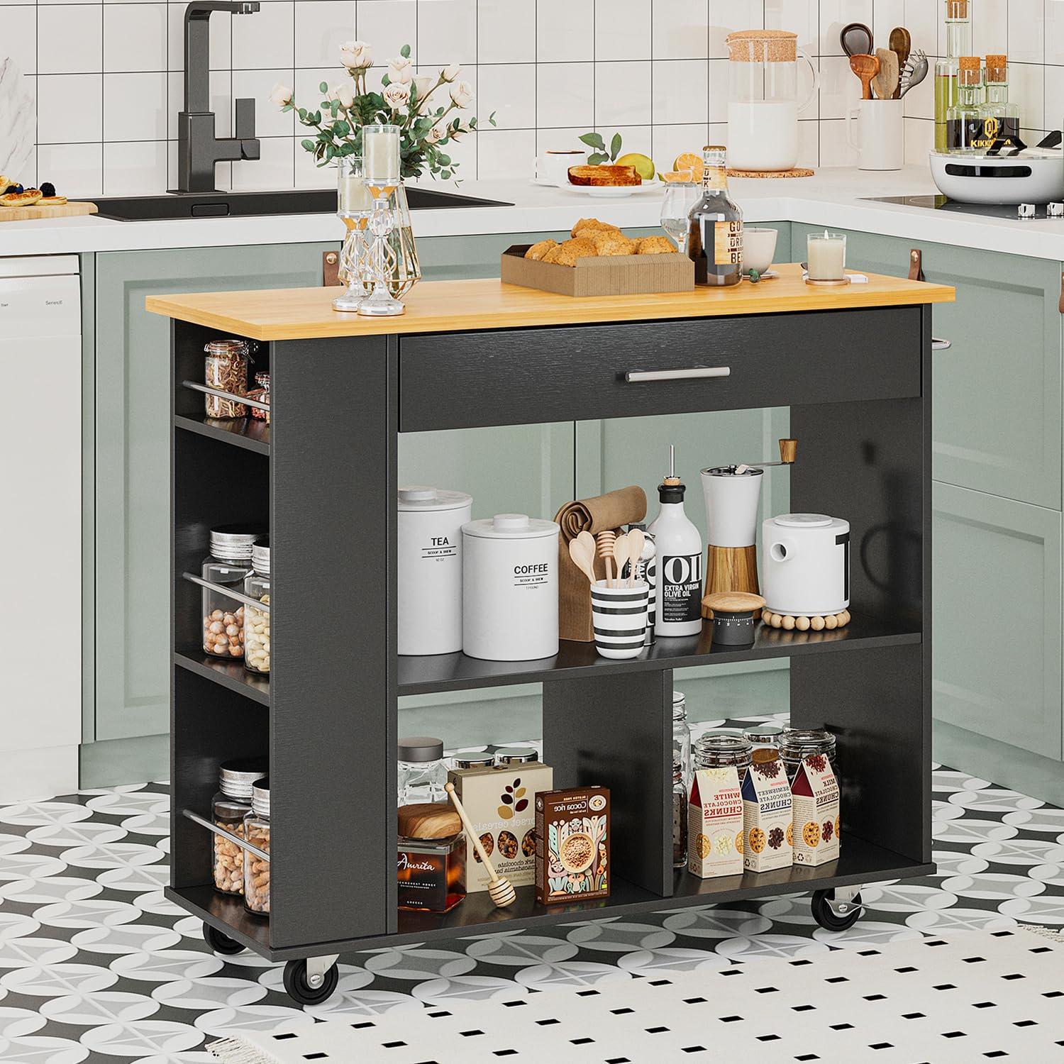 Sunlei Kitchen Island On Wheels With Storage Cabinet, Rolling Cart Kitchen Storage Organizer With/3 Side Spice Rack, Lockable Wh