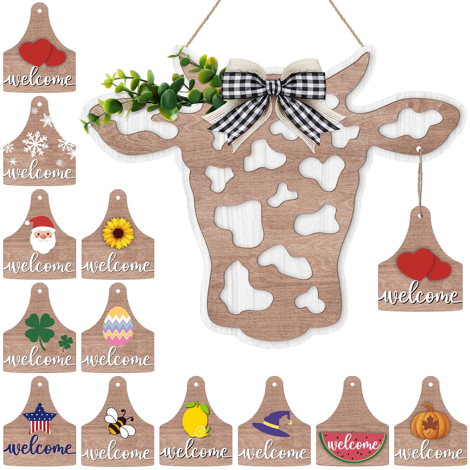 Maitys 13 Pcs Cow Head Door Wreath Sign Welcome Cow Door Hanger Rustic Wooden Cow Decor Hanging Farmhouse Cow Decorations with B