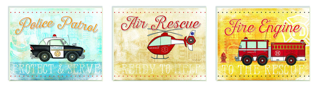 The Kids Room by Stupell Rescue Vehicles Icons and Mottos 3 Piece Wall Plaque Set, 11 x 0.5 x 15, Proudly Made in USA