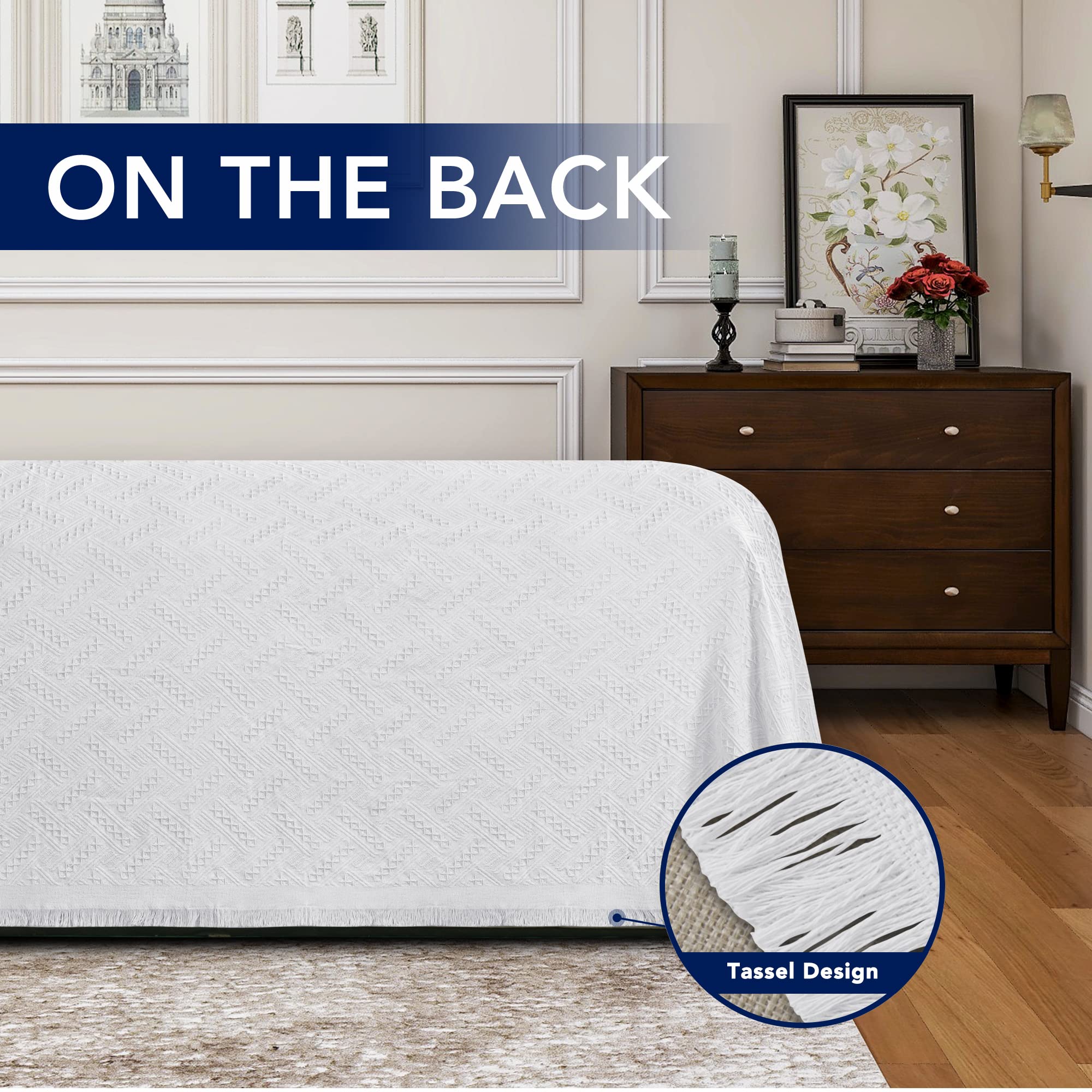 Purefit Geometric Jacquard Throw Sofa Cover - Textured Soft Washable Decorative Couch Covers For 3 Cushion Couch, Throw Cover With Tassels Furniture Protector For Pets, Kids (X-Large,White)