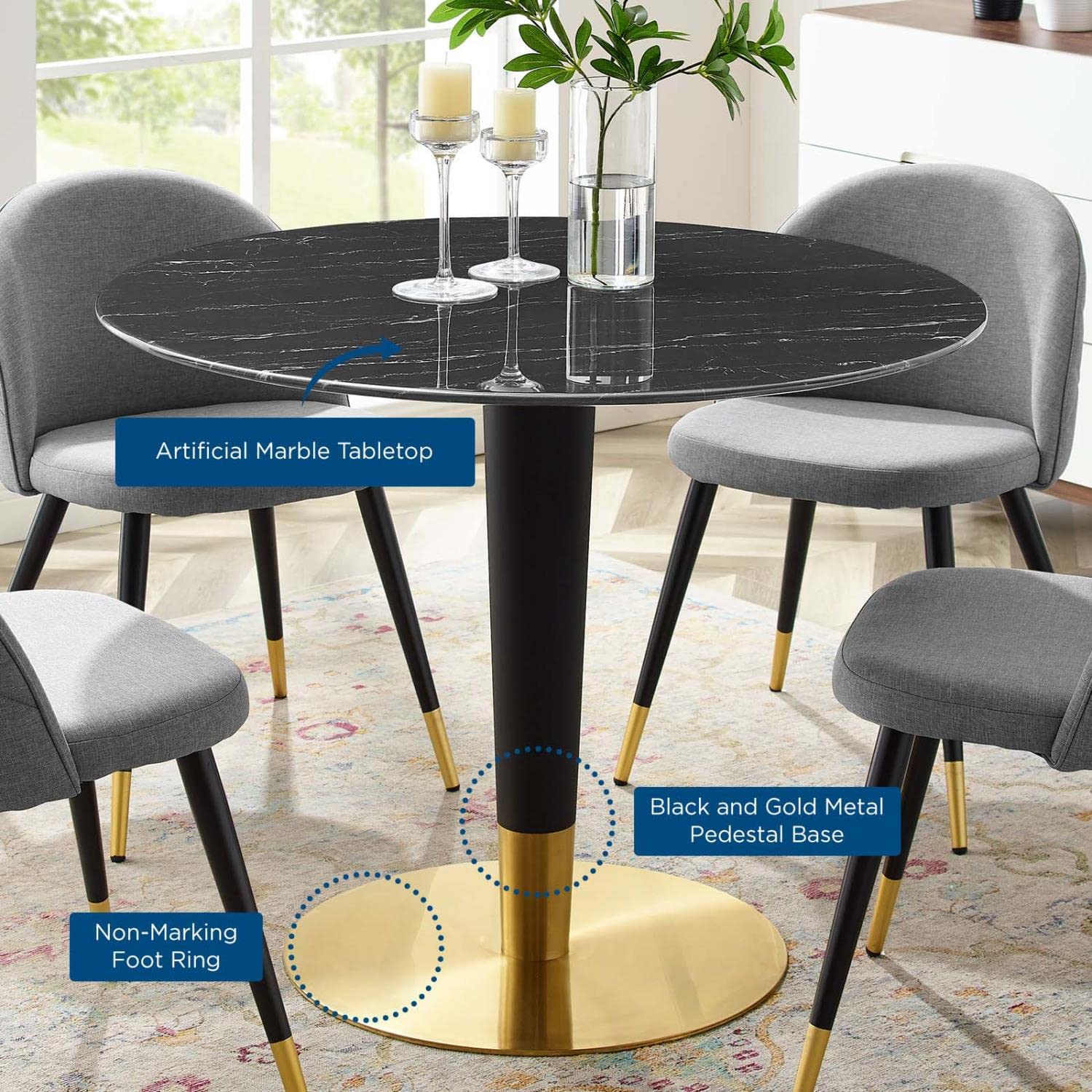 Modway Zinque Round Artificial Marble 40&quot; Dining Table in Gold Black