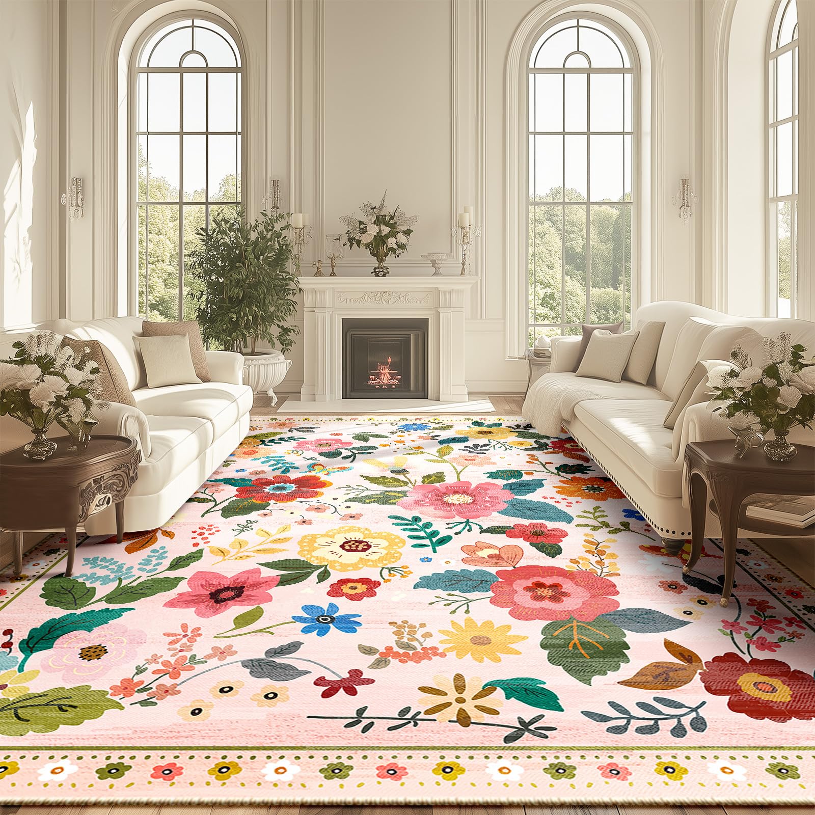 RELEANY Washable Area Rug, Runner Rug, Round Rug, Non Slip Boho Floral Vintage 8x10 Area Rugs for Living Room, 8x10 Rug for Bedr