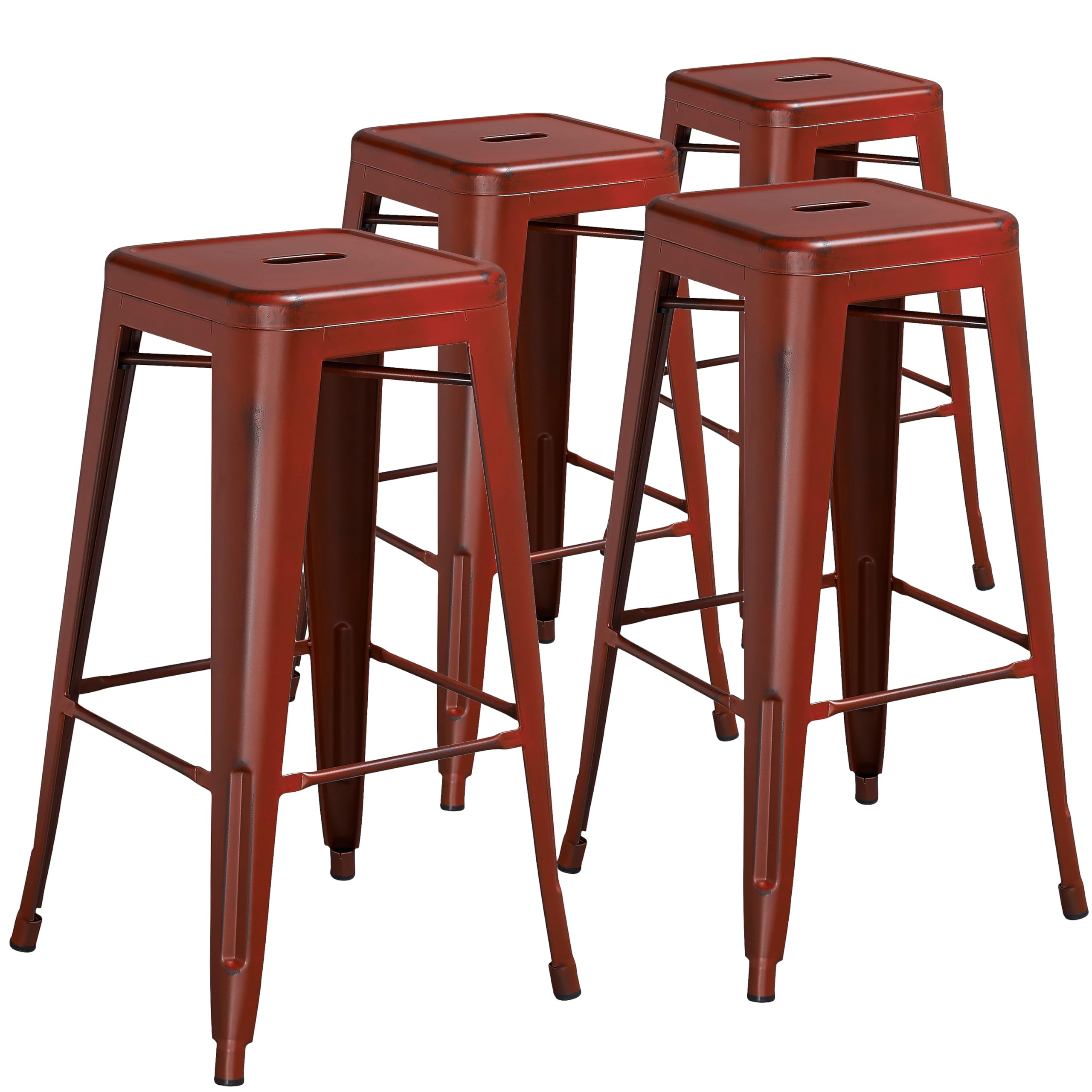 Flash Furniture Kai Commercial Grade 4 Pack 30 High Backless Distressed Kelly Red Metal Indoor-Outdoor Barstool