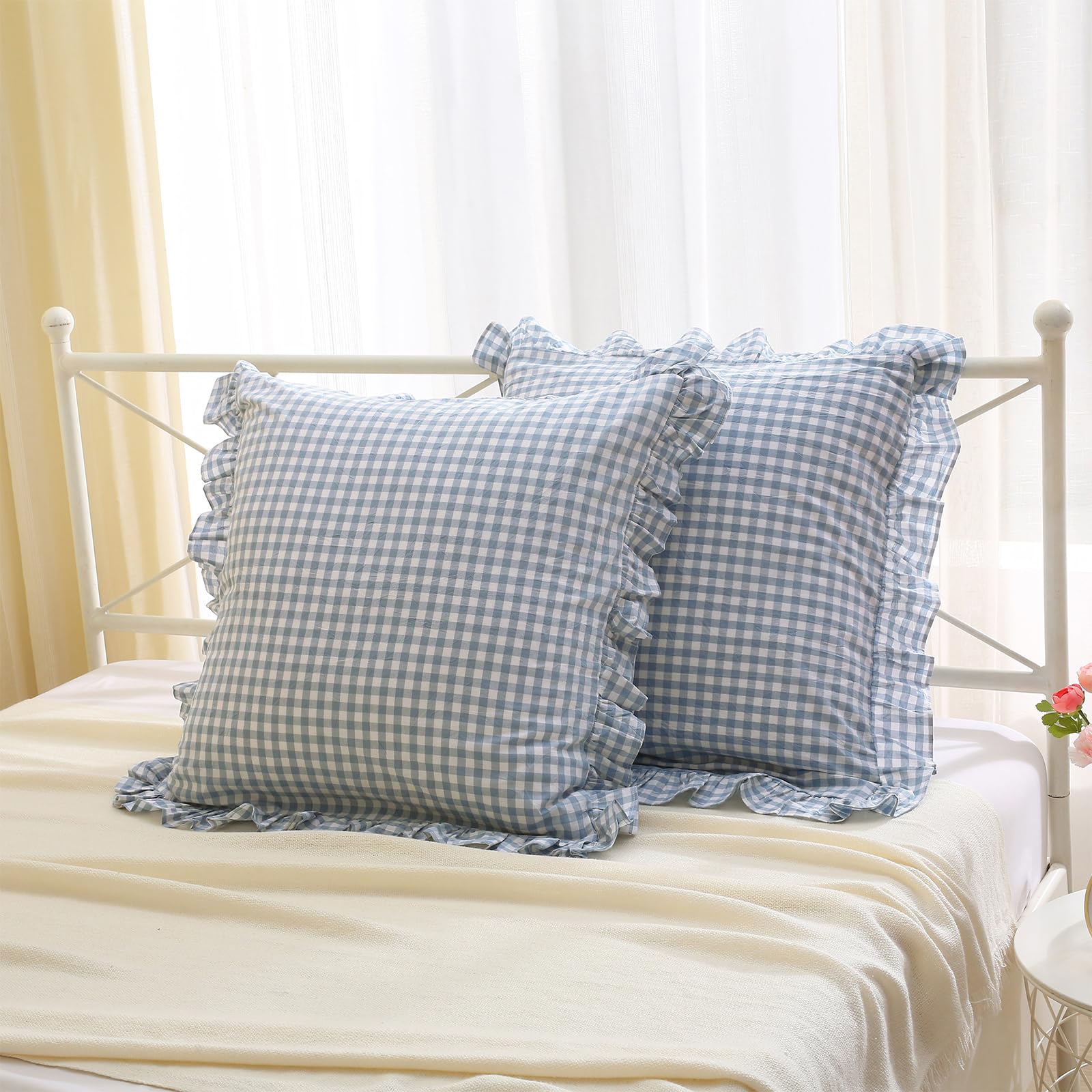 K Masaniji 2Pack Dusty Blue White Plaid Euro Pillow Shams 26X26 Inches, 100% Cotton Checkered Gingham French Country Rustic Ruff
