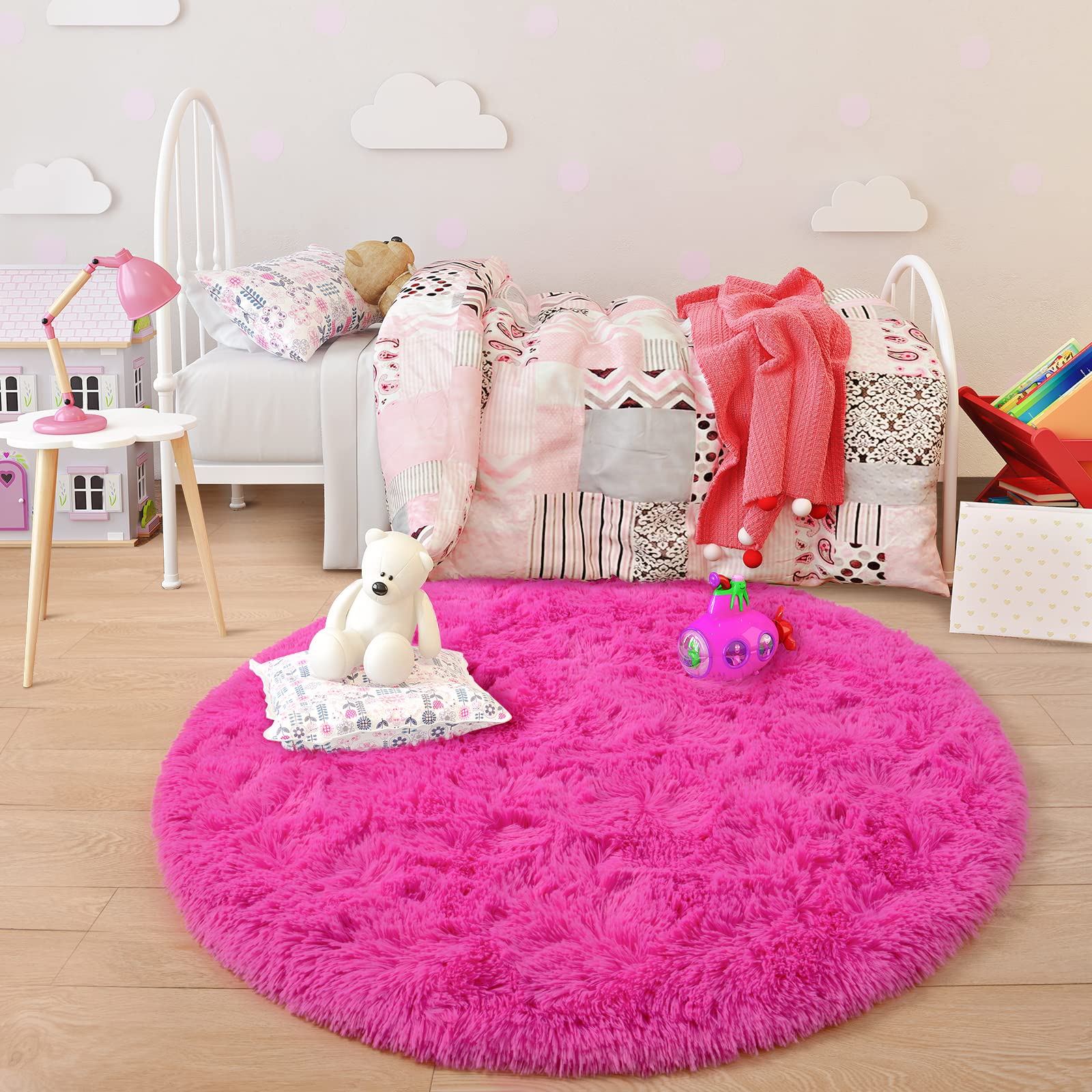 Junovo Round Rug 5X5 Feet Fluffy Soft Area Rugs For Kids Girls Room Princess Castle Plush Shaggy Carpet Cute Circle Nursery Rug