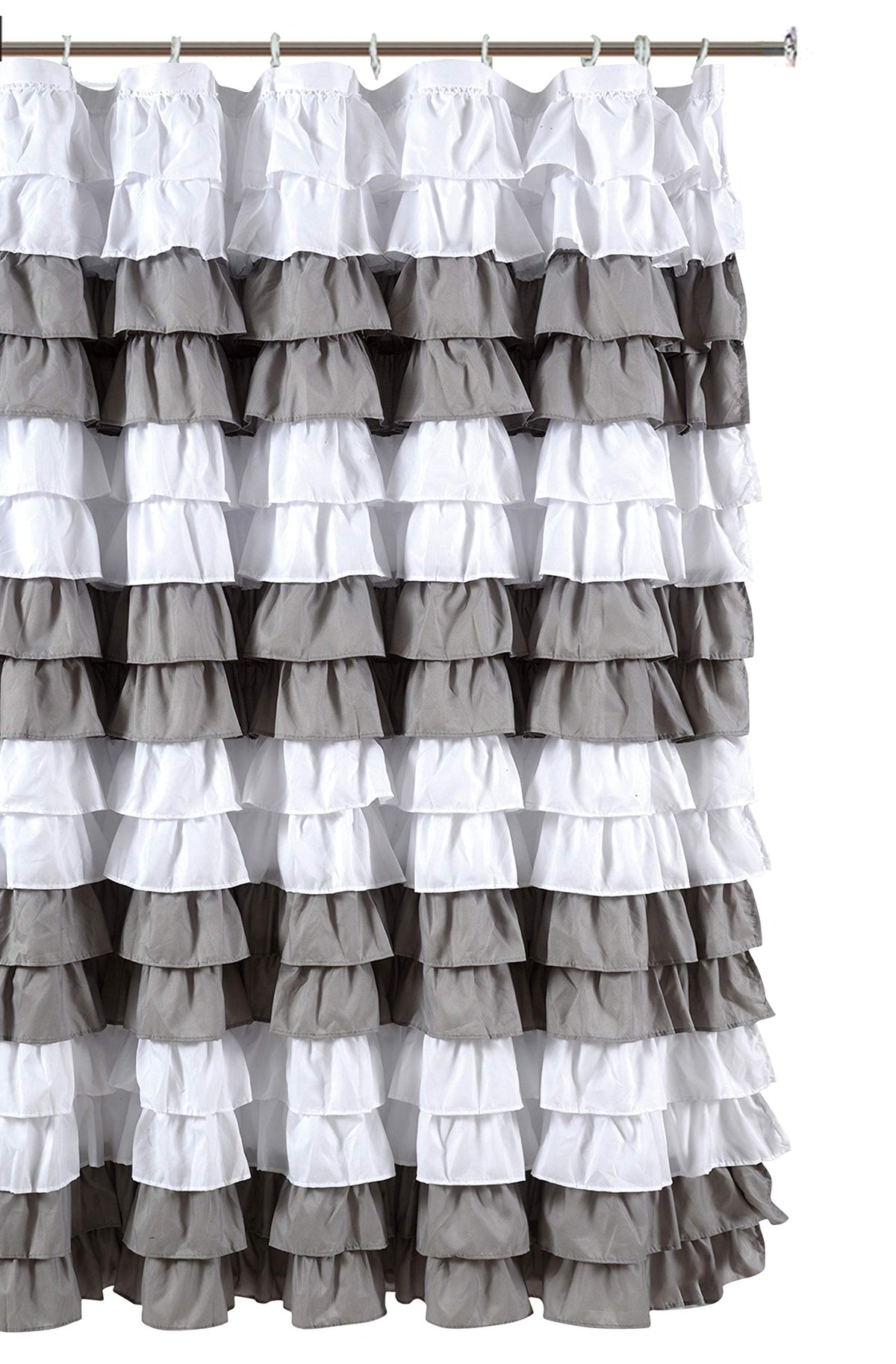 Spring Home Waterfall Ruffled Fabric Shower Curtain Size 72 X 72 Inch (Strip White/Sliver)