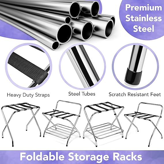 2-Shelf Foldable Luggage Rack with Nylon Straps, High-Back Support, Chrome Finish