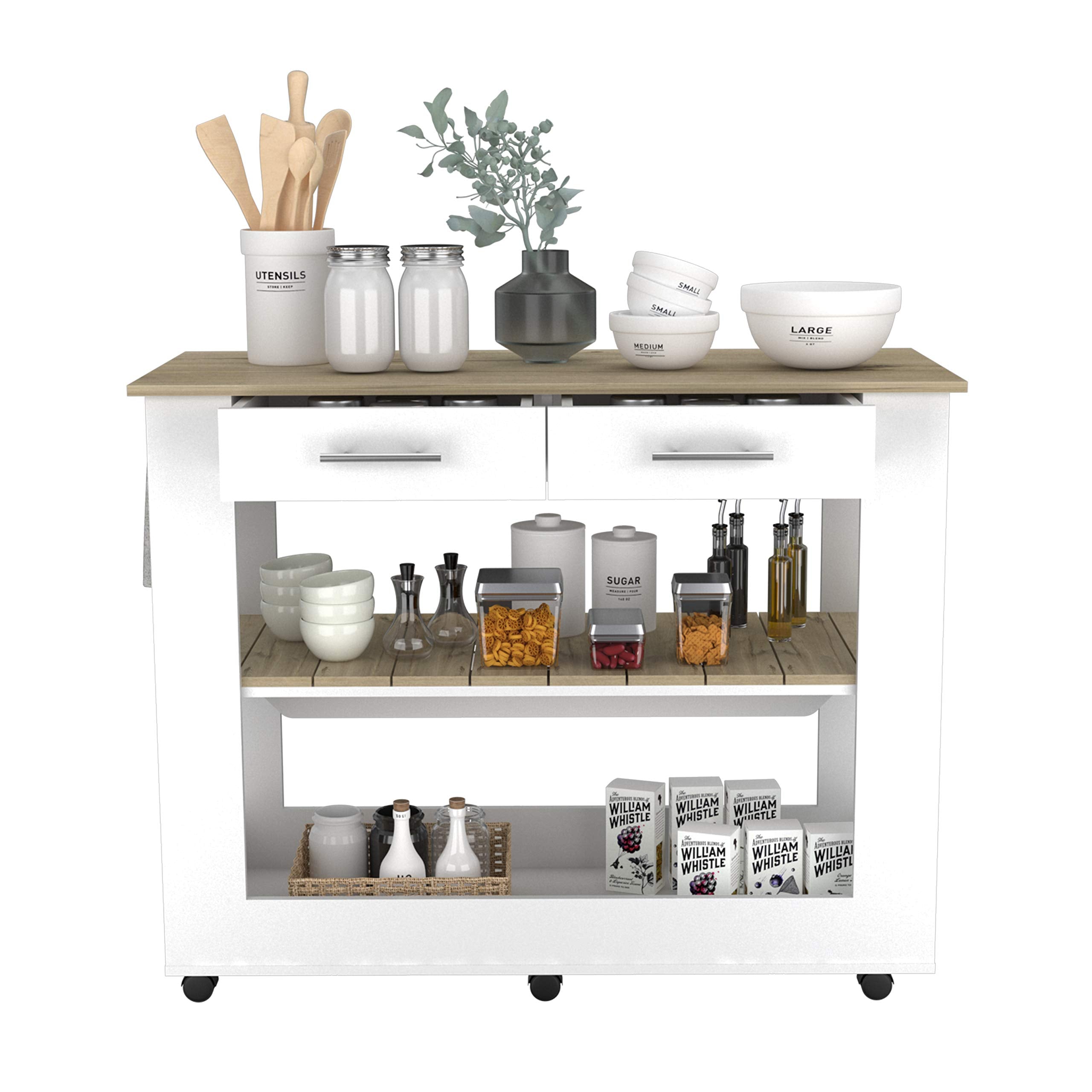 Fm Furniture Brooklyn 80 Light Oak Accented Kitchen Island, With Shelves And Drawers