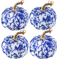 Winlyn 4 Pcs Faux Decorative Blue and White Fabric Pumpkins Chinoiserie Chic Pumpkins Foam Pumpkins for Gifts Farmhouse Thanksgi