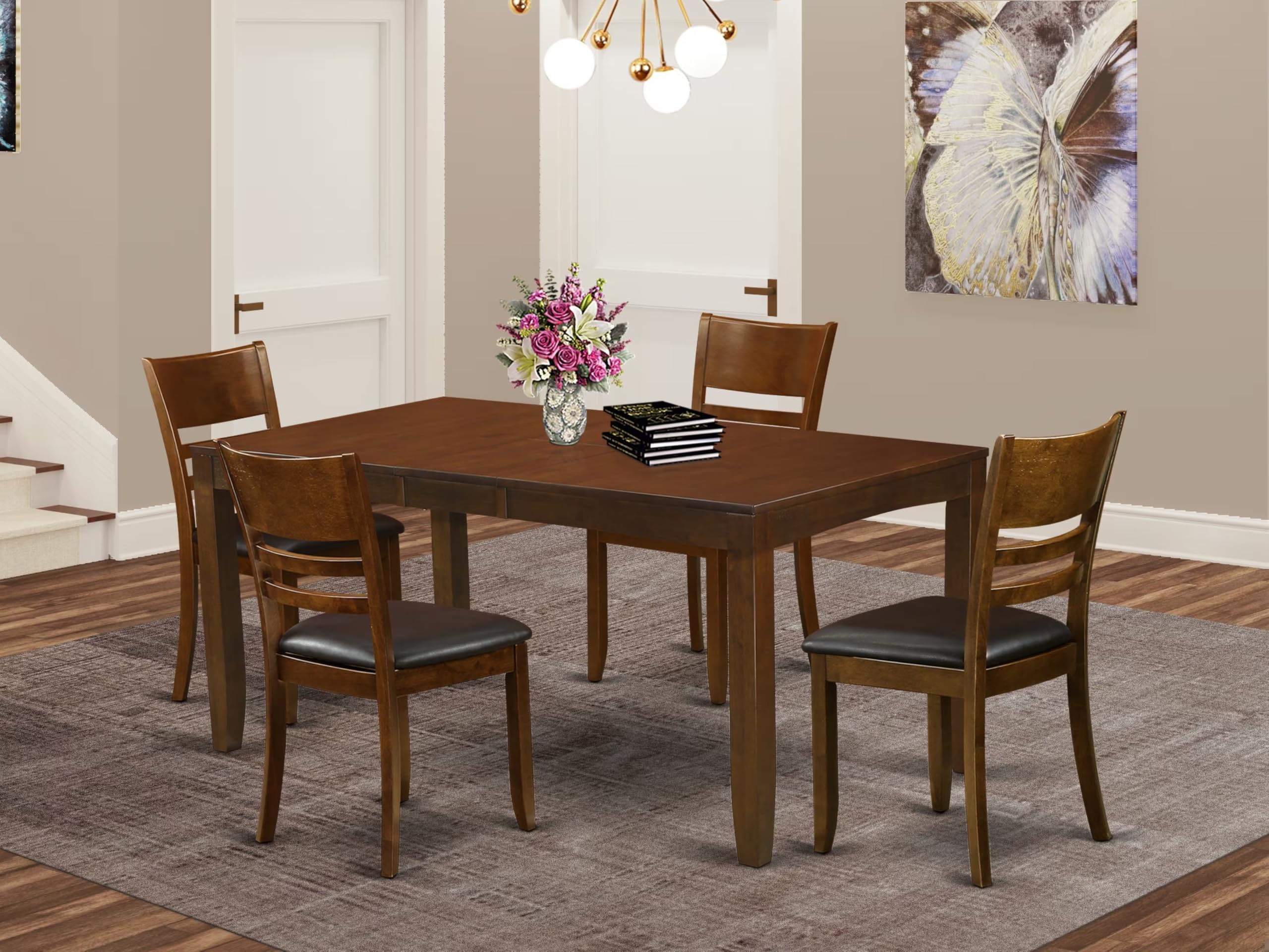 East West Furniture LYFD5-ESP-LC Lynfield 5 Piece Set Includes a Rectangle Dining Room Table with Butterfly Leaf and 4 Faux Leather Upholstered Kitchen Chairs, 36x66 Inch