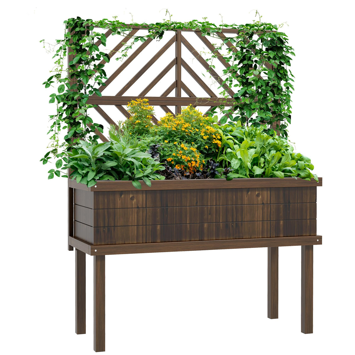 Outsunny Raised Garden Bed With Trellis For Climbing Plants, Vegetable, Grape Vines, Wood Planter With Legs, Drainage Holes And