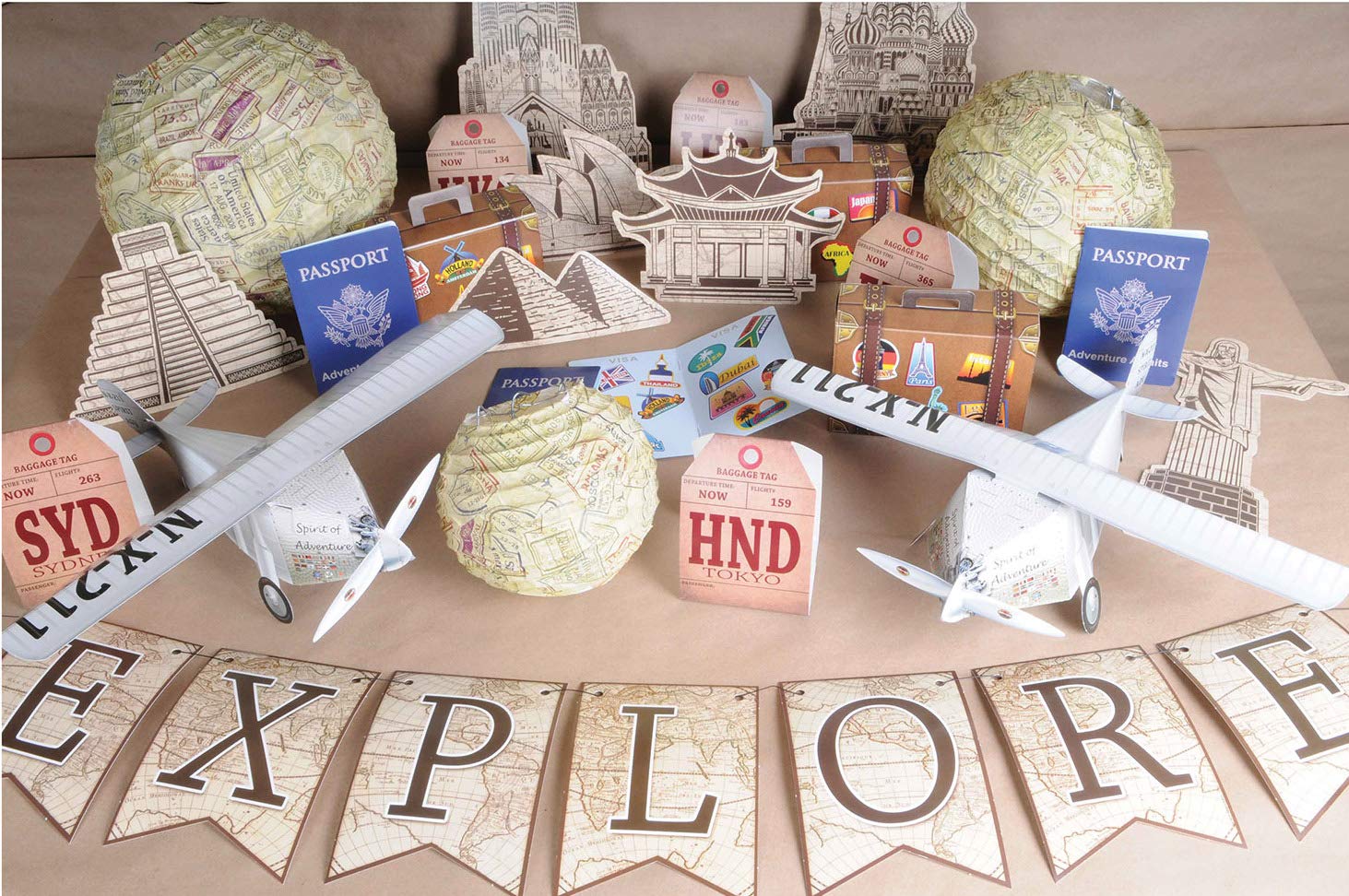 Beistle Luggage Favor Boxes 9 Piece Suitcase, World Traveler Decor, Party Supplies, 9 Count (Pack Of 1), Brown