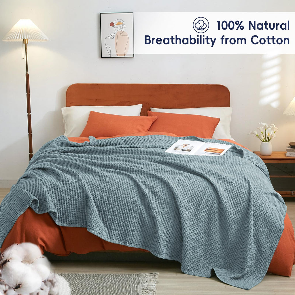 Phf 100% Cotton Waffle Weave Blanket King Size 104' X 90' - Lightweight Cozy Washed Soft Breathable Throw - Perfect Layer For Couch Bed Sofa - Elegant Aesthetic Home Decoration Gift - Ocean