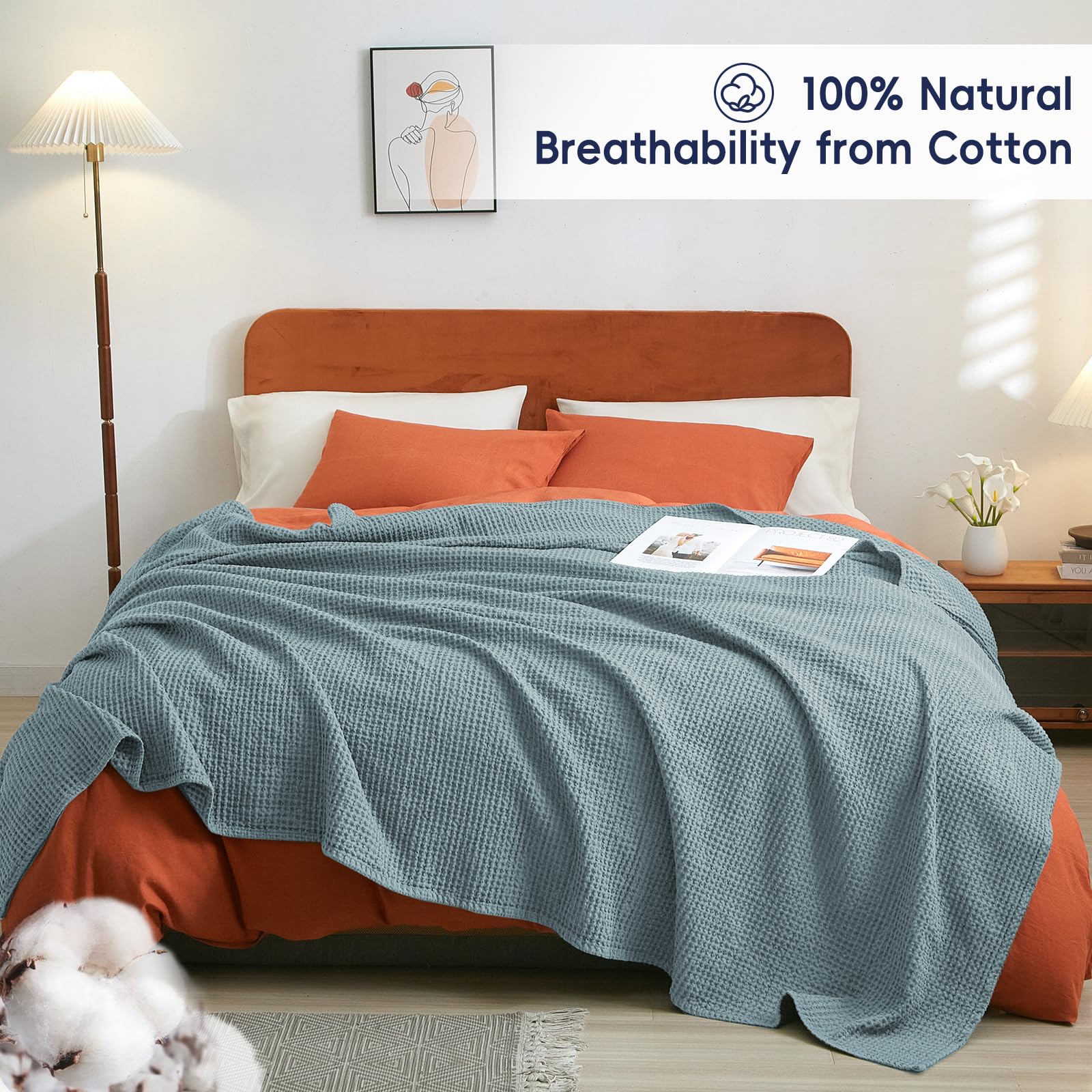 Phf 100% Cotton Waffle Weave Blanket King Size 104' X 90' - Lightweight Cozy Washed Soft Breathable Throw - Perfect Layer For Couch Bed Sofa - Elegant Aesthetic Home Decoration Gift - Ocean