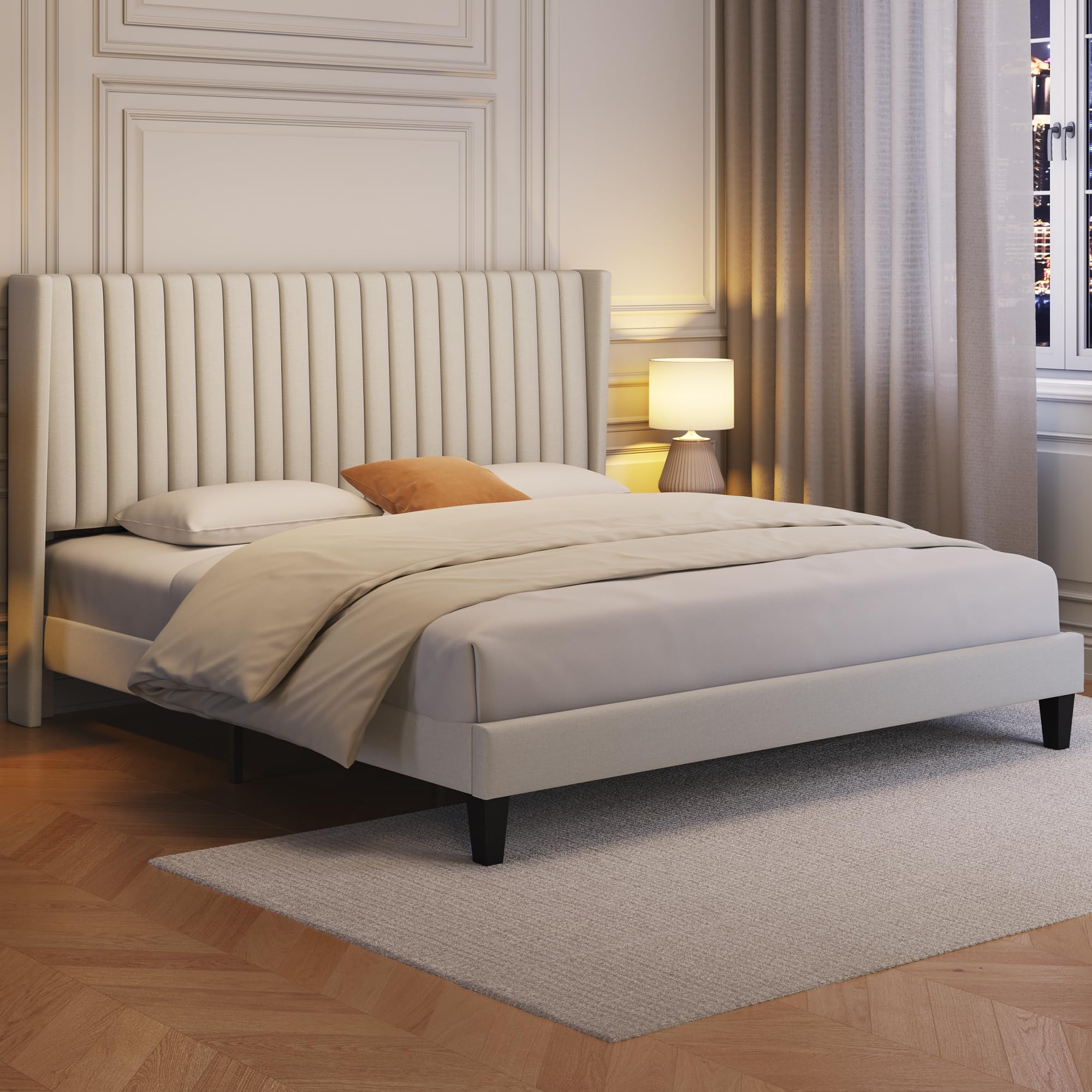 Yaheetech King Bed Frame Upholstered Platform Bed With Fabric Headboard, Wing Edge Design/Non-Slip And Noise-Free/Wooden Slats Support/No Box Spring Needed/Easy Assembly, Beige King Bed