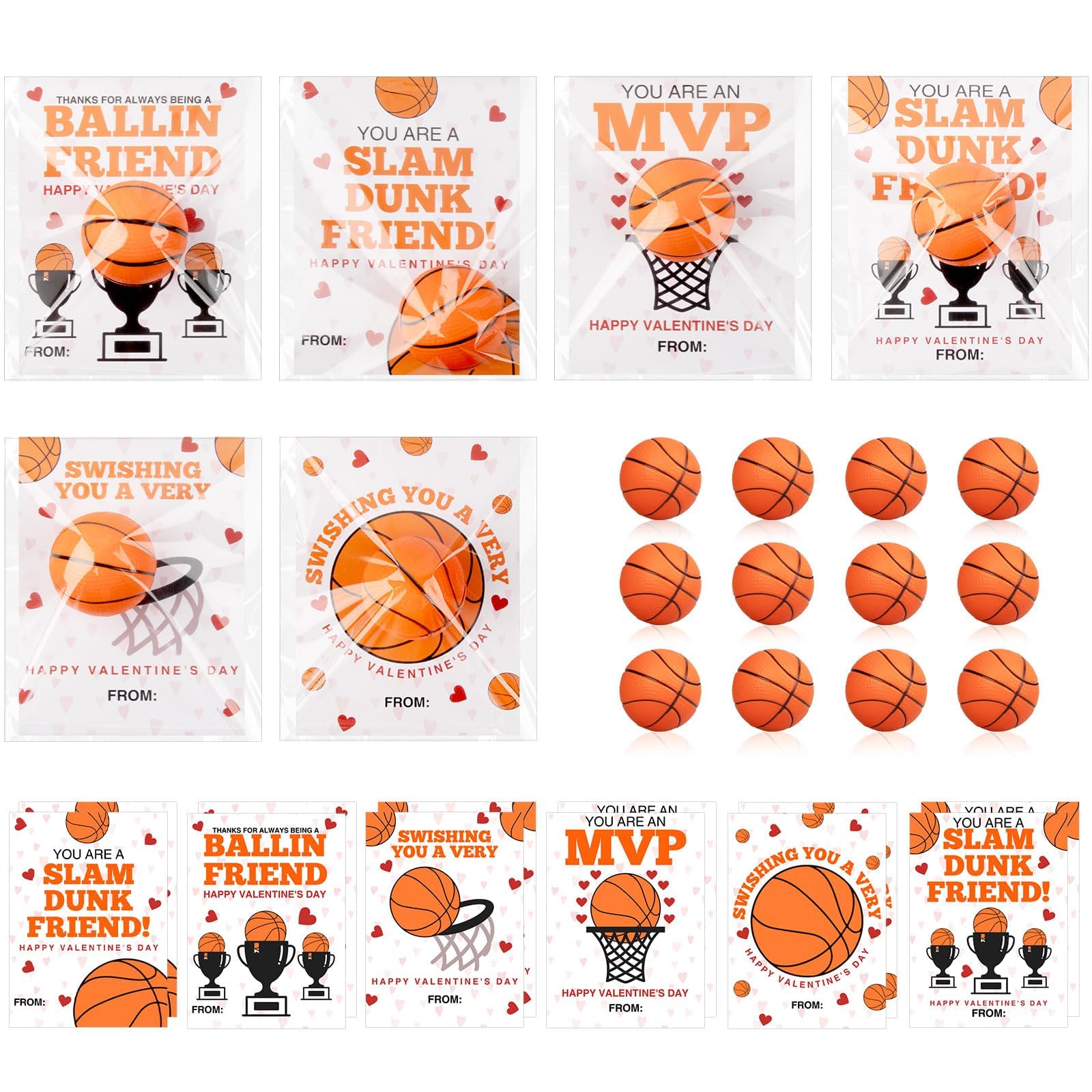 Demonwer 24 Pcs Valentine s Day Cards with Basketball Valentines Sports Gift Card Mini Squeeze Foam Basketball Valentine Greeti