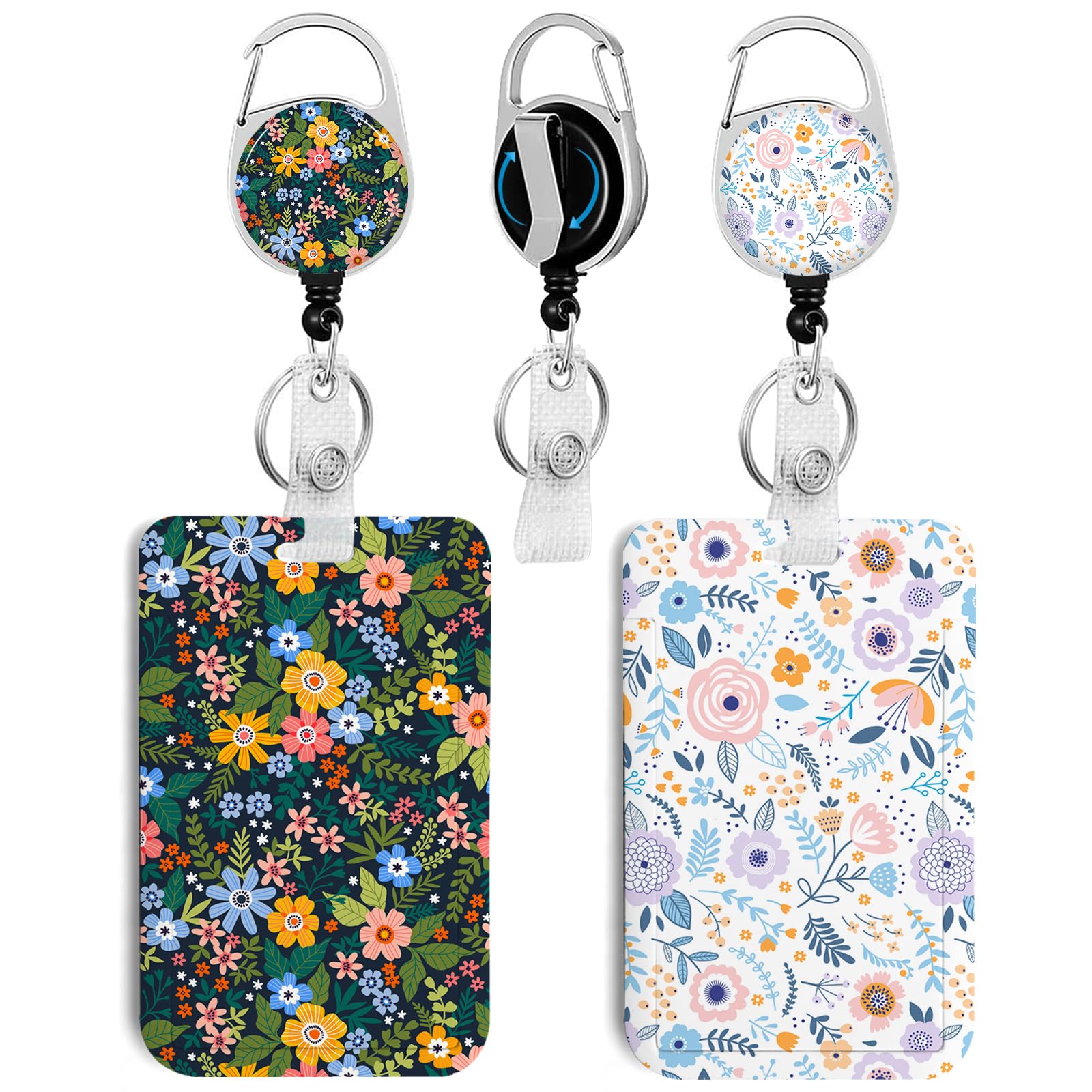 2 Pack Flowers Id Badge Holder With Clip Badge Reels Retractable Heavy Duty,Keychain,Id Holder For School Nurse Office
