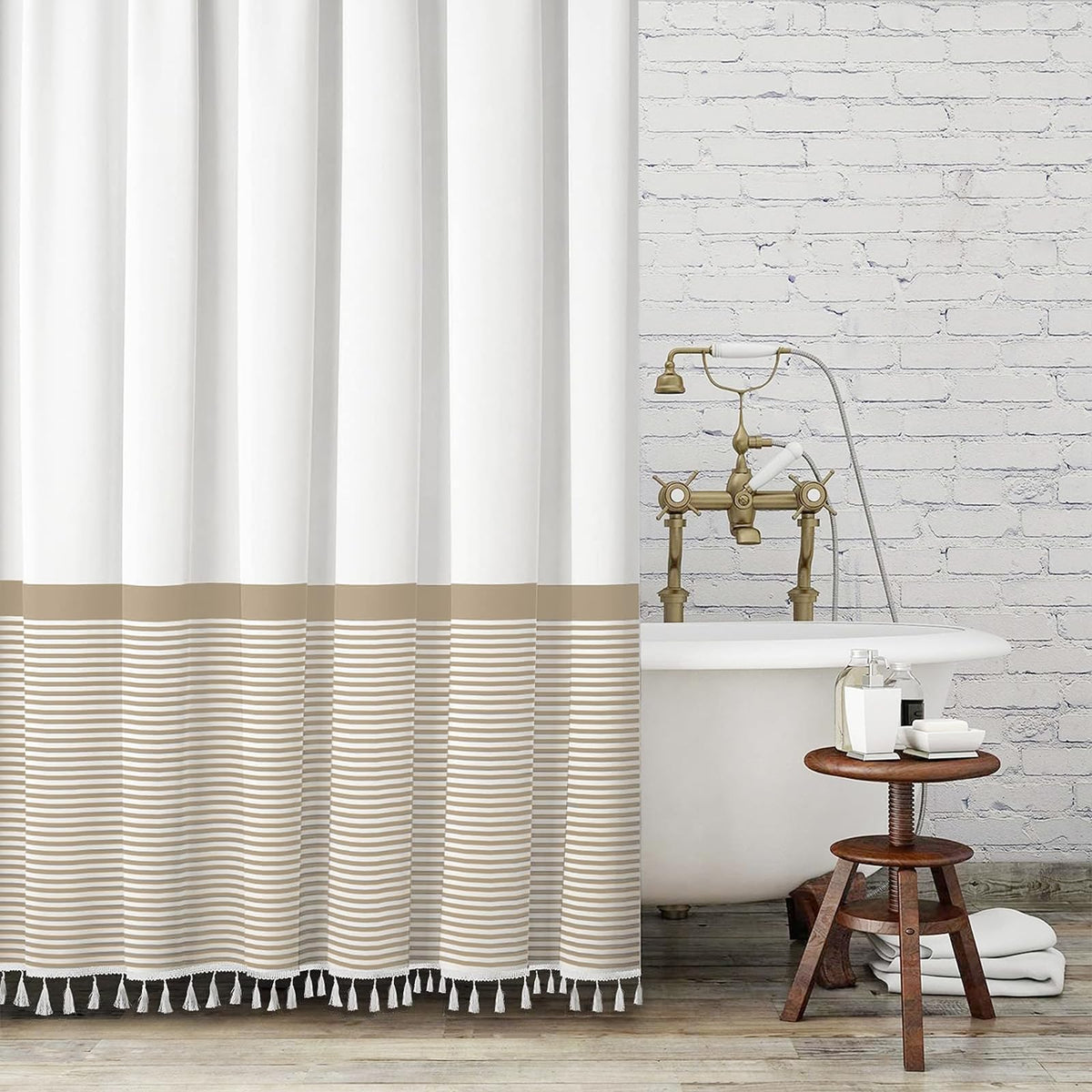 Seasonwood Tall Shower Curtain 78-Inch Height White And Beige Shower Curtain With Tassels Water Repellent, Wrinkle Free