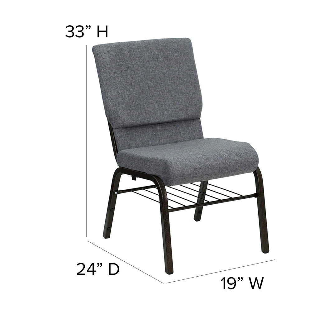 Flash Furniture HERCULES Series 18.5''W Church Chair in Gray Fabric with Book Rack - Gold Vein Frame