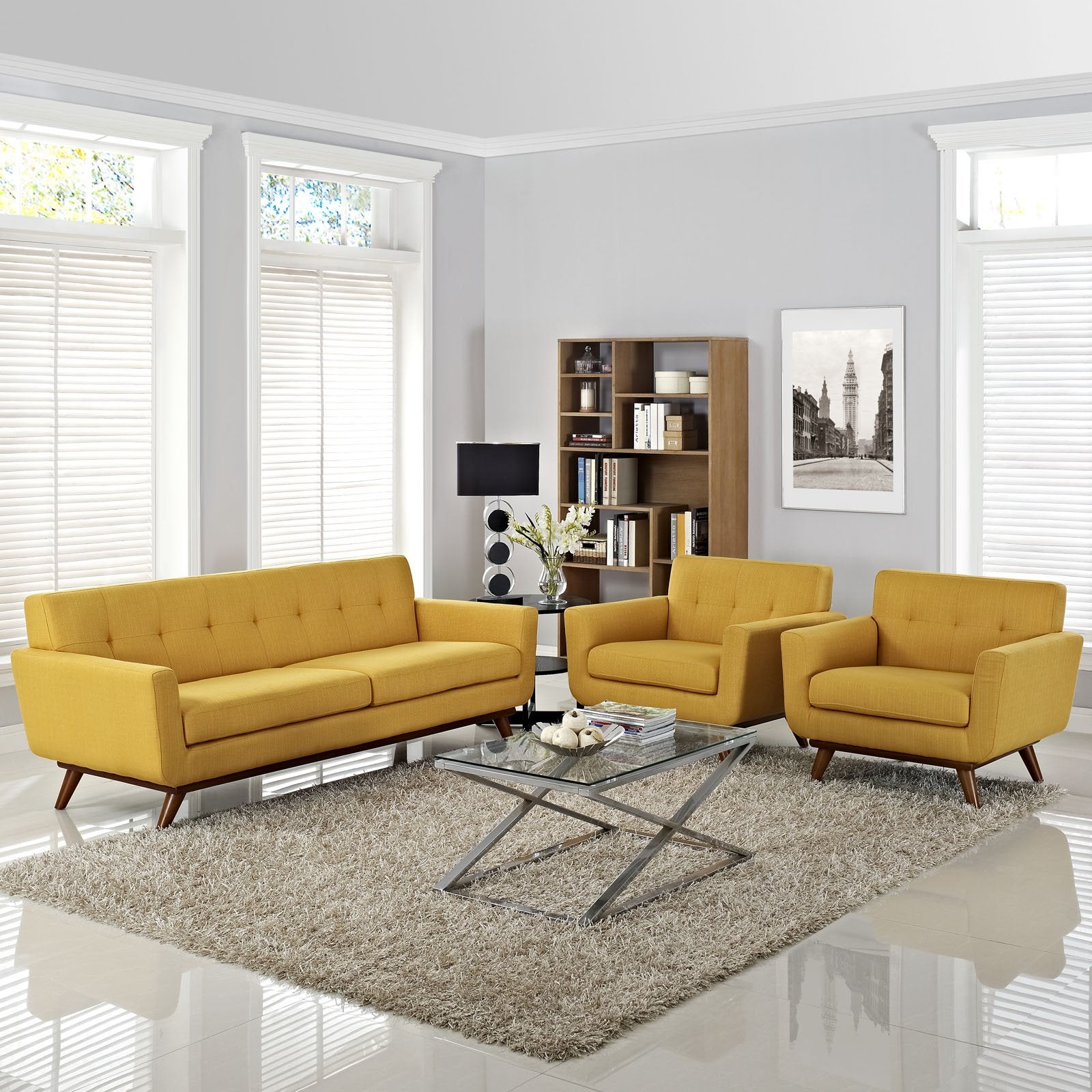 Modway Engage Modern Fabric 3-Piece Sofa Set With Armchairs In Citrus Yellow