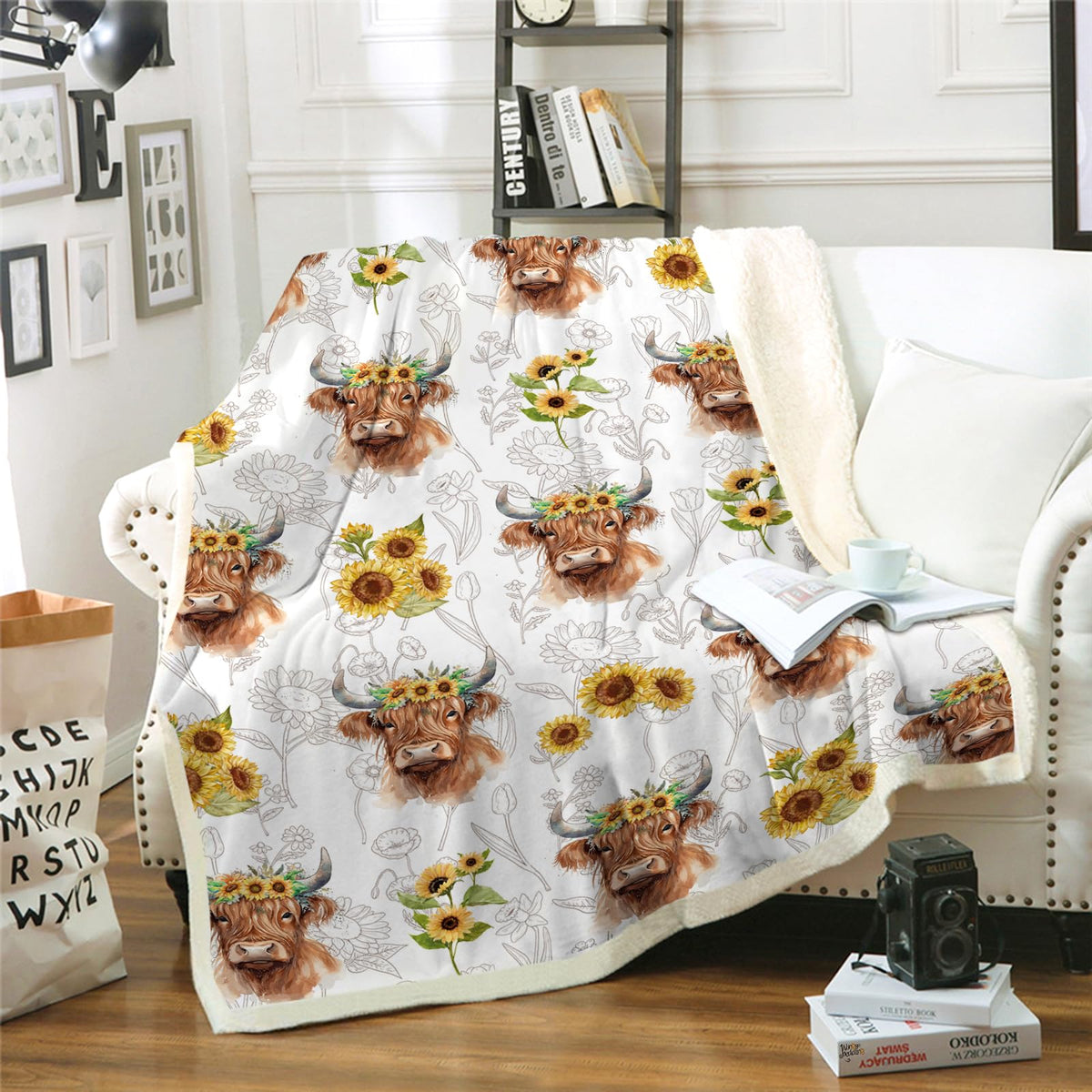 Highland Cow Blanket Sunflower Highland Cow Gifts For Women Girls Adults Cow Lovers, Warm Cozy Reversible Sherpa Throw Blanket,