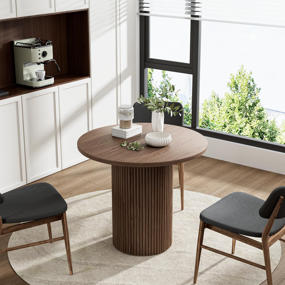 35.4' Wood Round Dining Table Fluted Pedestal Kitchen Table Small Circle Tables Modern Circular Mdf Finish For 2-4 People, F35.