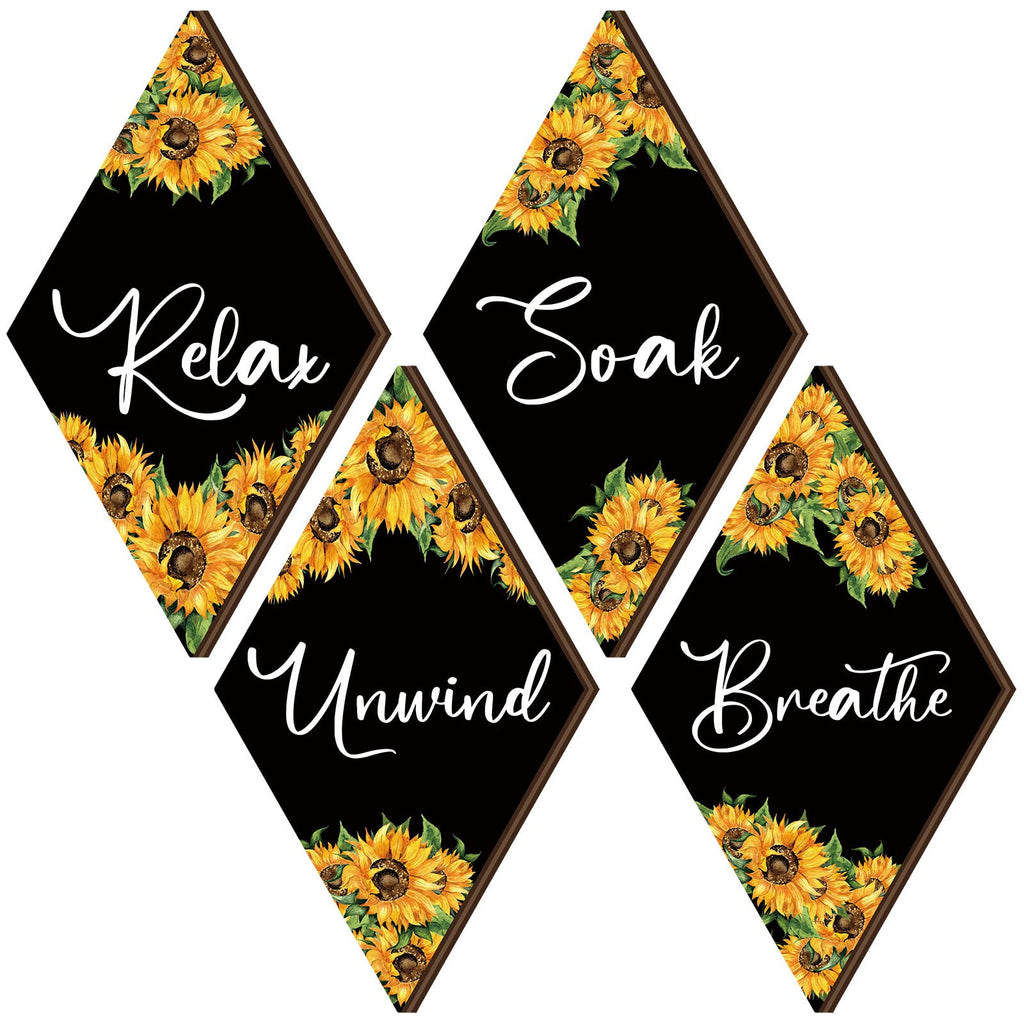 Qunclay 4 Pieces Sunflower Bathroom Wall Decor Relax Soak Unwind Breathe Signs Sunflower Wall Art Rustic Bathroom Wooden Signs f