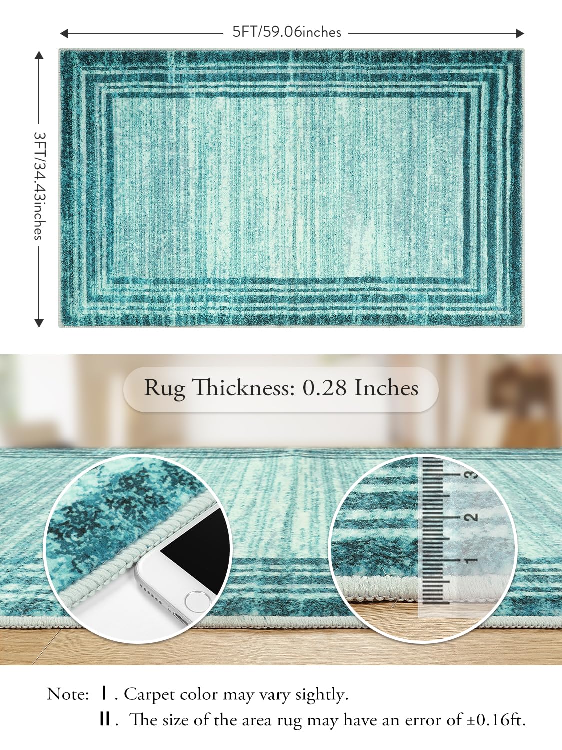 Lahome Abstract Teal 3X5 Rug,Washable Modern Rugs For Bedroom Aesthetic Non-Slip,Low-Pile Soft Throw Rug Minimalist Bordered Car
