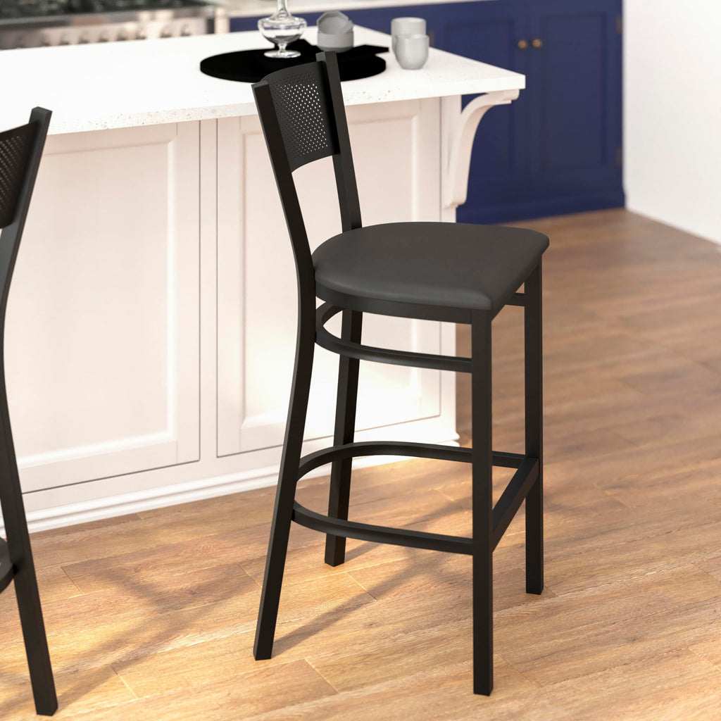 Flash Furniture HERCULES Series Black Grid Back Metal Restaurant Barstool - Black Vinyl Seat