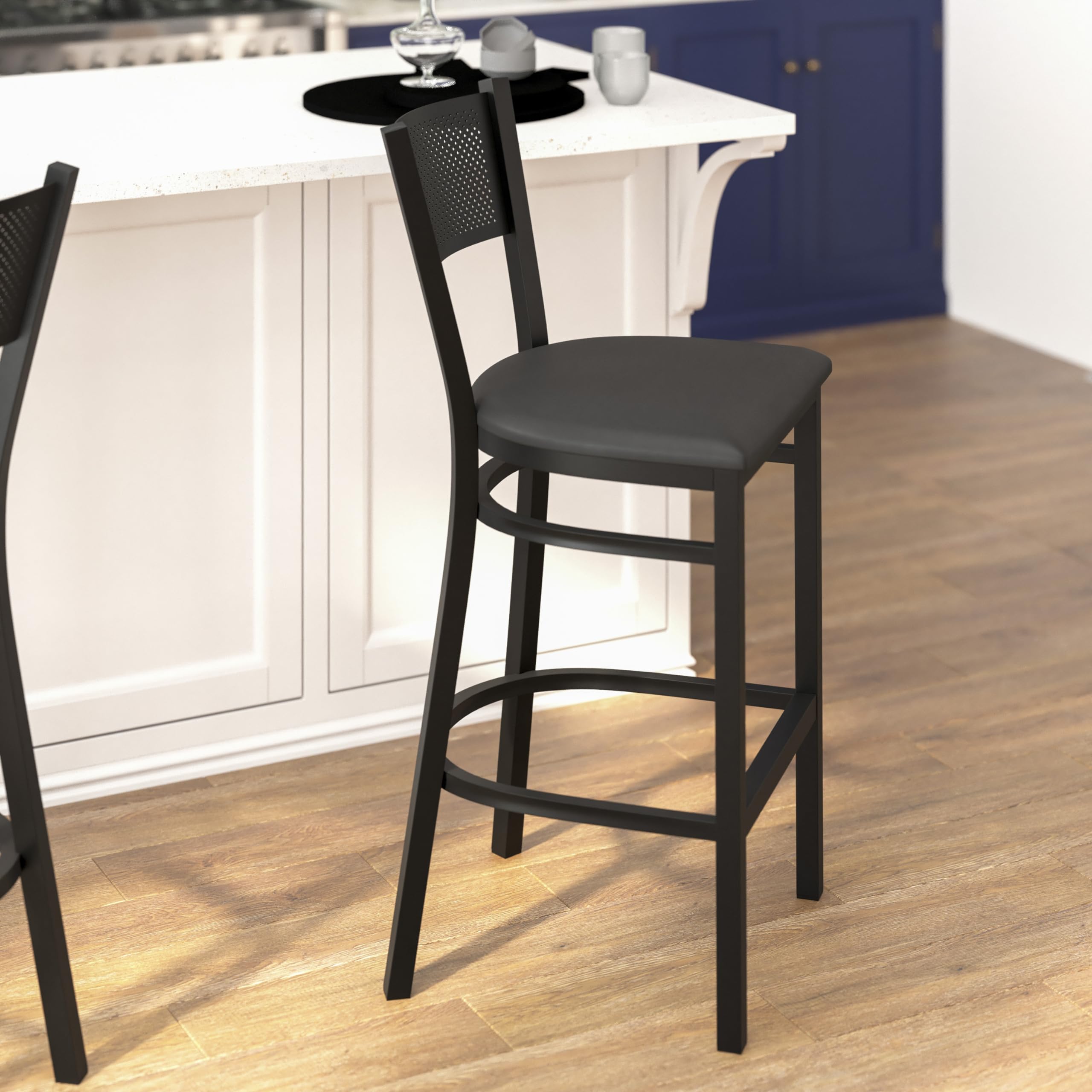 Flash Furniture HERCULES Series Black Grid Back Metal Restaurant Barstool - Black Vinyl Seat