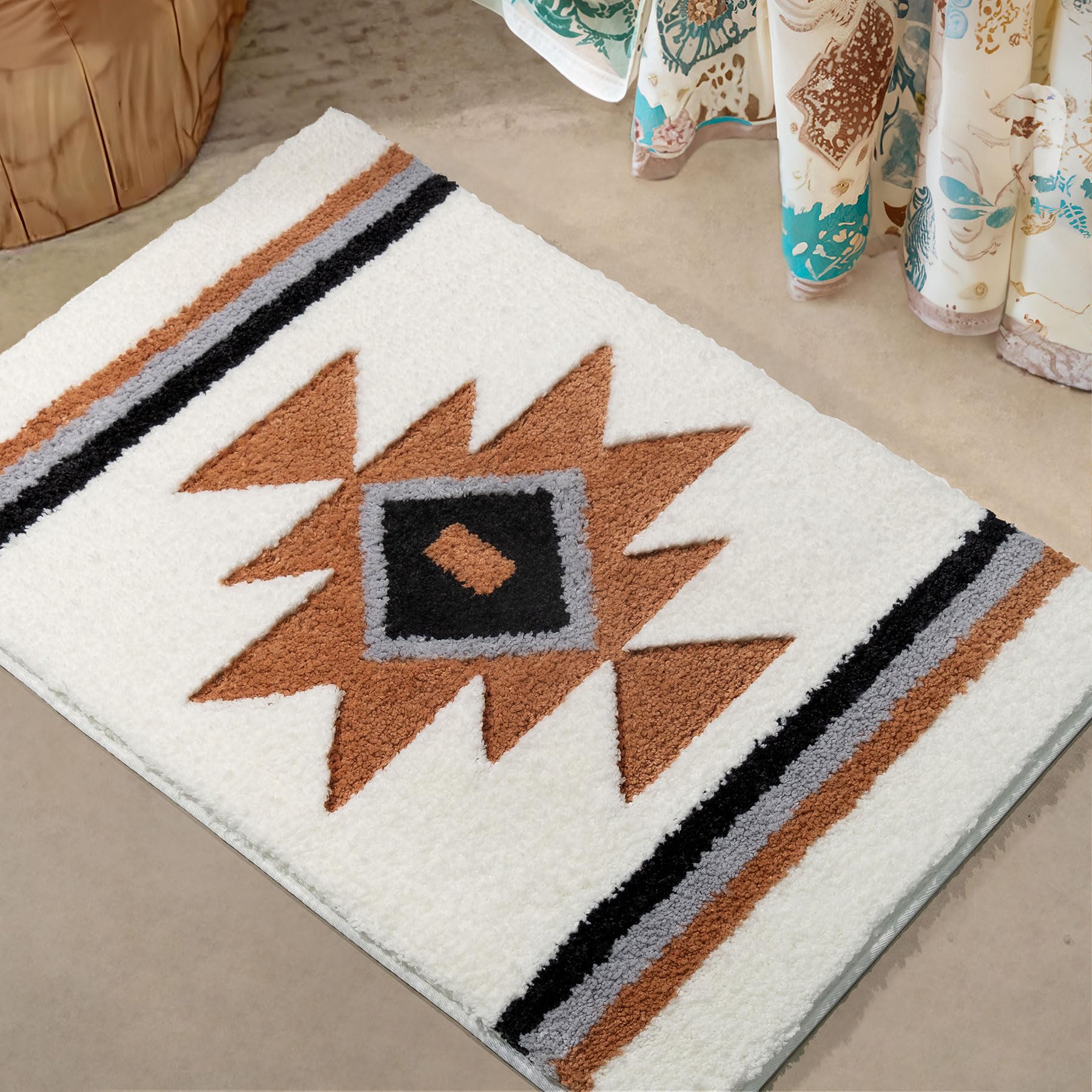 TANVILL Bathroom Rugs White Boho Bath Mat Non Slip, Soft Absorbent Microfiber Washable Aztec Bath Rug Floor Mat for Bathroom Sho