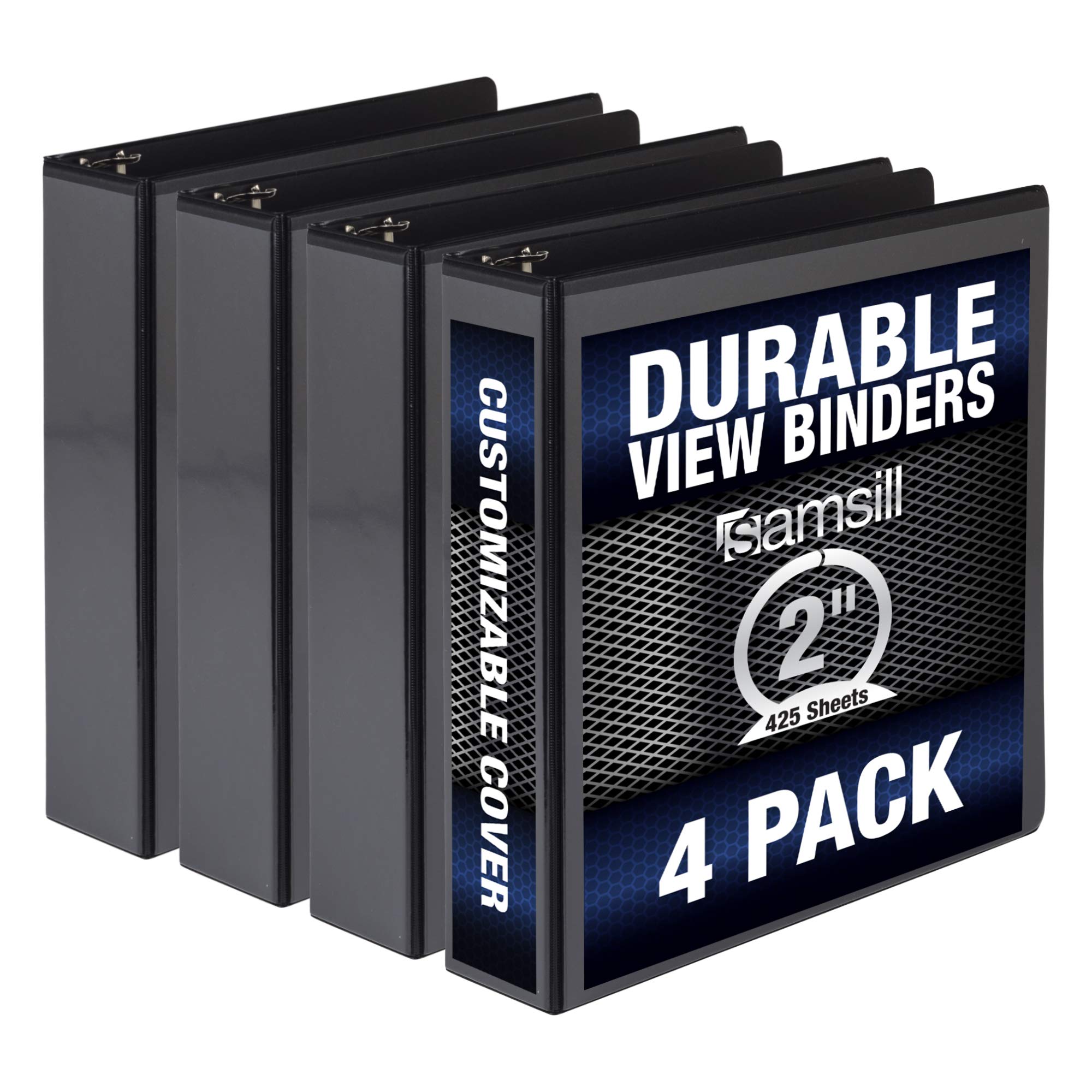 Samsill Durable 2 Inch Binder, Made In The Usa, Round Ring Customizable Clear View Binder, Black, 4 Pack (Mp48460)