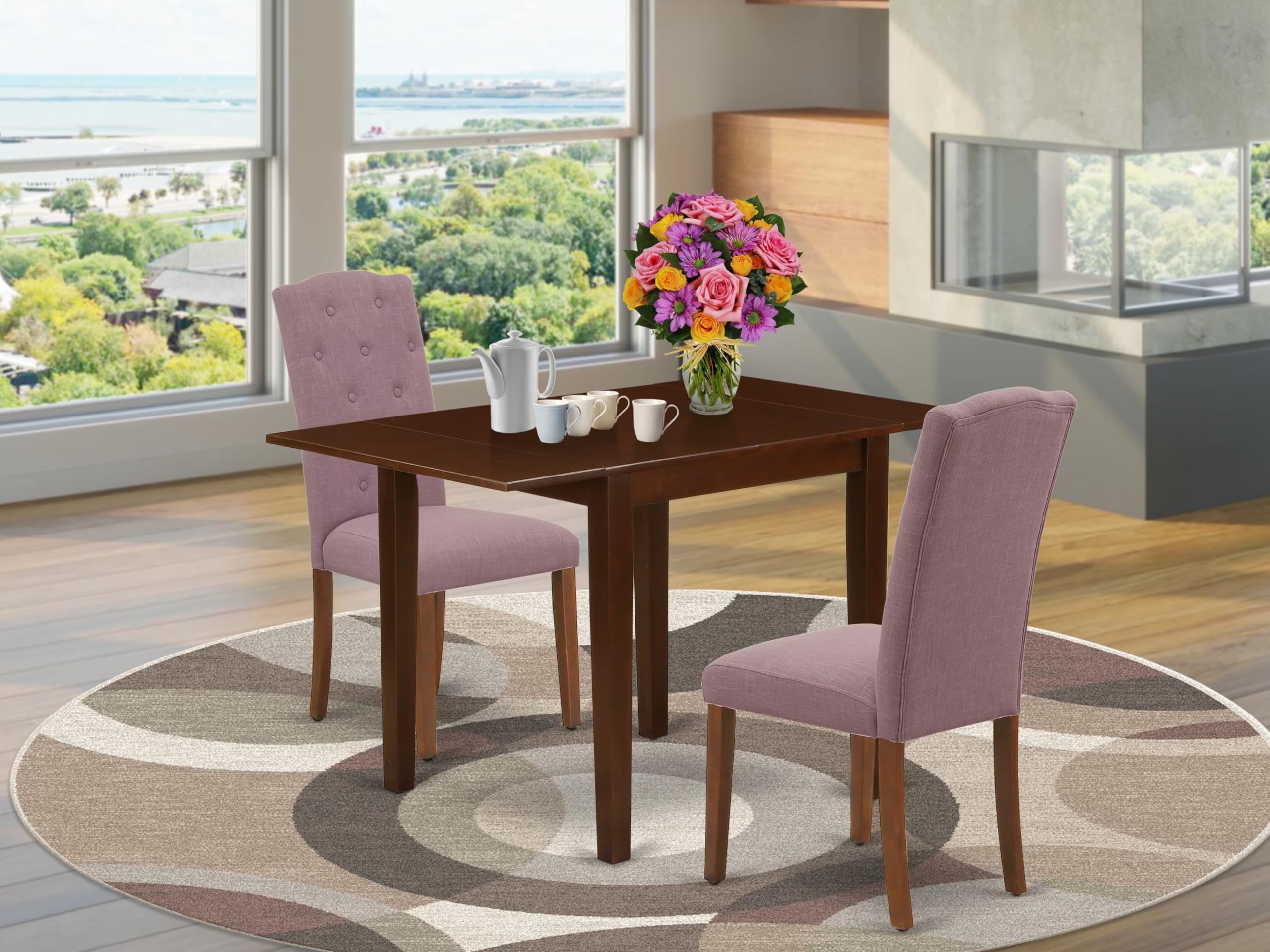 East West Furniture 1NDCE3-MAH-10 3 Piece Modern Dining Table Set Contains a Rectangle Wooden Table with Dropleaf and 2 Dahlia Linen Fabric Parson Dining Chairs, 30x48 Inch, Mahogany