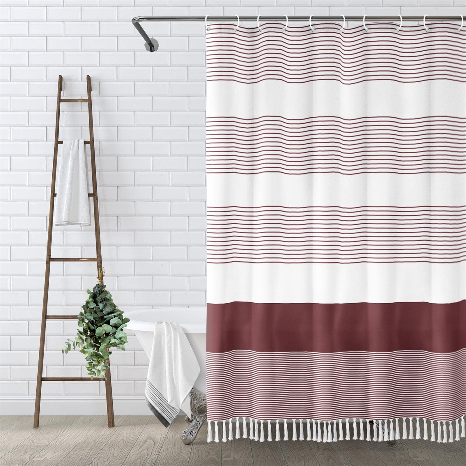 Awellife Red Burgundy Shower Curtain For Bathroom Stripe Tassel Maroon Shower Curtain 72 X 72 Inches Farmhouse Linen