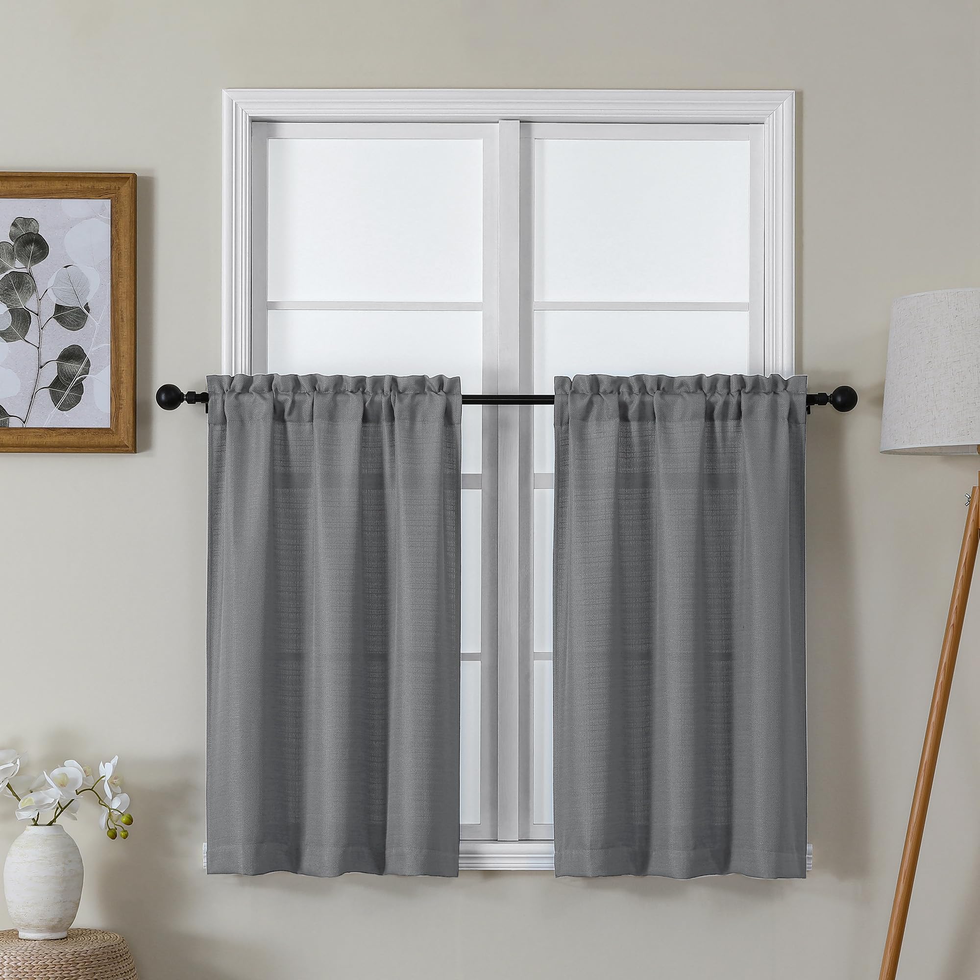 Lecloud Bessie Dark Grey Kitchen Curtains 36 Inch Length 2 Panels Set, Faux Linen Textured Curtain Tiers, Light-Filtering Window