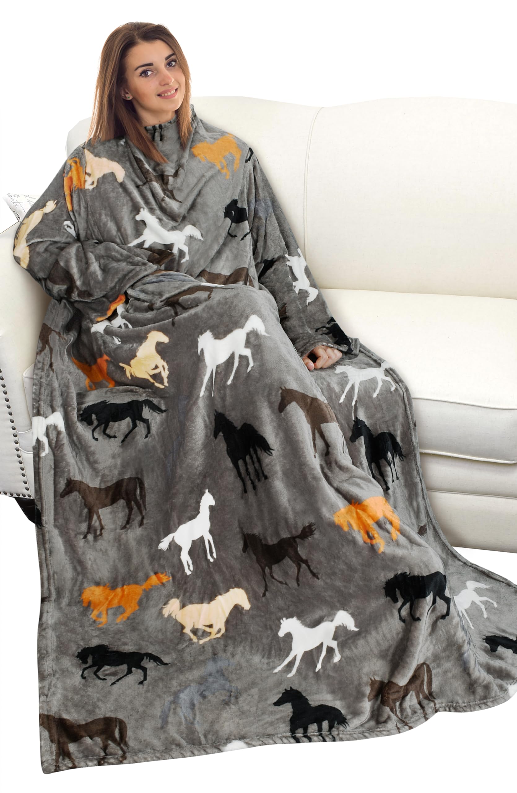 Catalonia Taupe Horse Wearable Blanket With Sleeves And Pocket, Soft Comfy Fleece Snuggy Wrap Throws Blanket Robe For Women And Men
