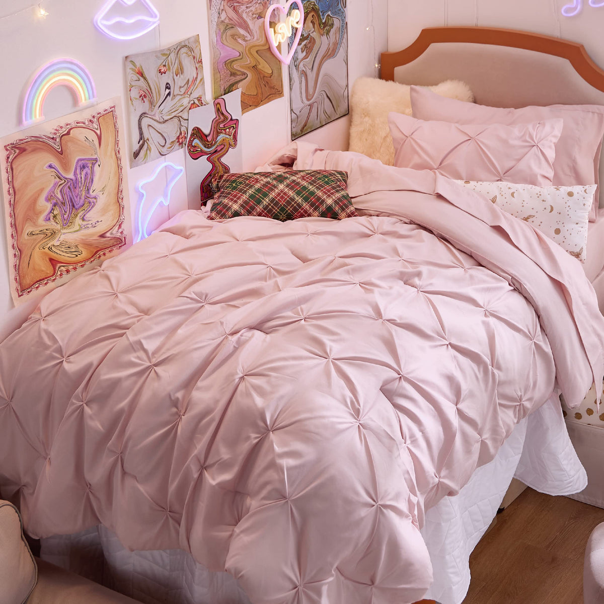 Bedsure Twin Xl Comforter Set - Extra Long 5 Pieces Dorm Bedding Sets, Pinch Pleat Pink Bed In A Bag With Comforter, Sheets, Pil