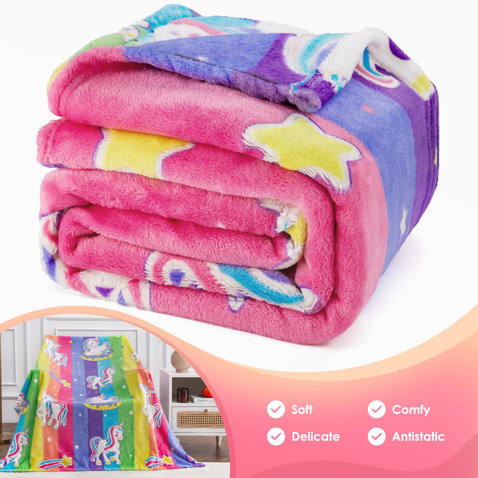 Unicorn Gifts Toys For Kids Girls - Glow In The Dark Blanket Birthday Christmas Halloween Presents Rainbow Donut Throw For Age 1 2 3 4 5 6 7 8 9 10 12 13 Years Old Teen Child Toddler Colorful 50'X60'