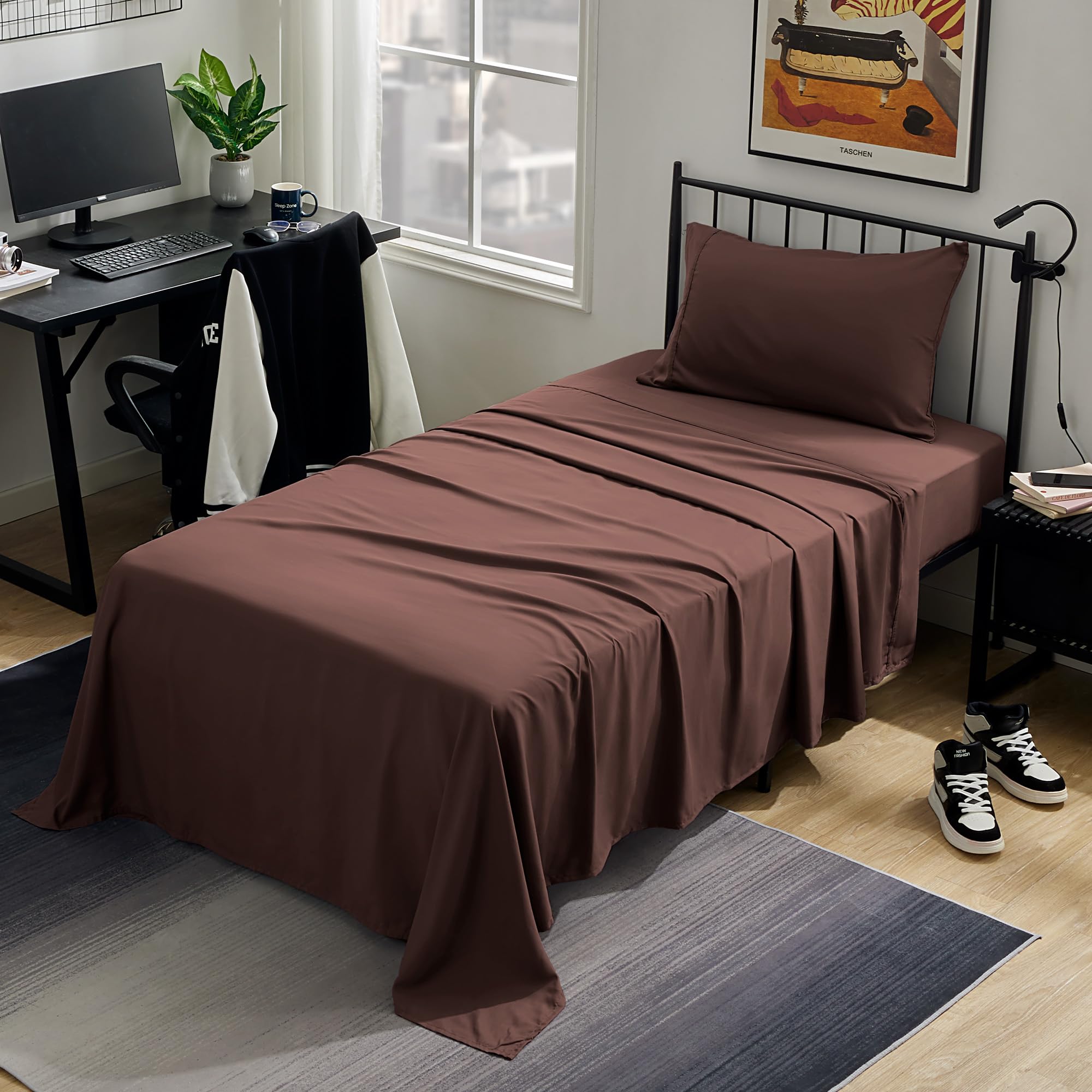 Sleep Zone Nanotex Super Soft Cooling Twin Bed Sheets Set For Kids 3 Piece - Easy Care Fitted Flat Sheet & Pillowcase Sets - Wrinkle Free, Fade Resistant, Deep Pocket 16' (Brown, Twin)