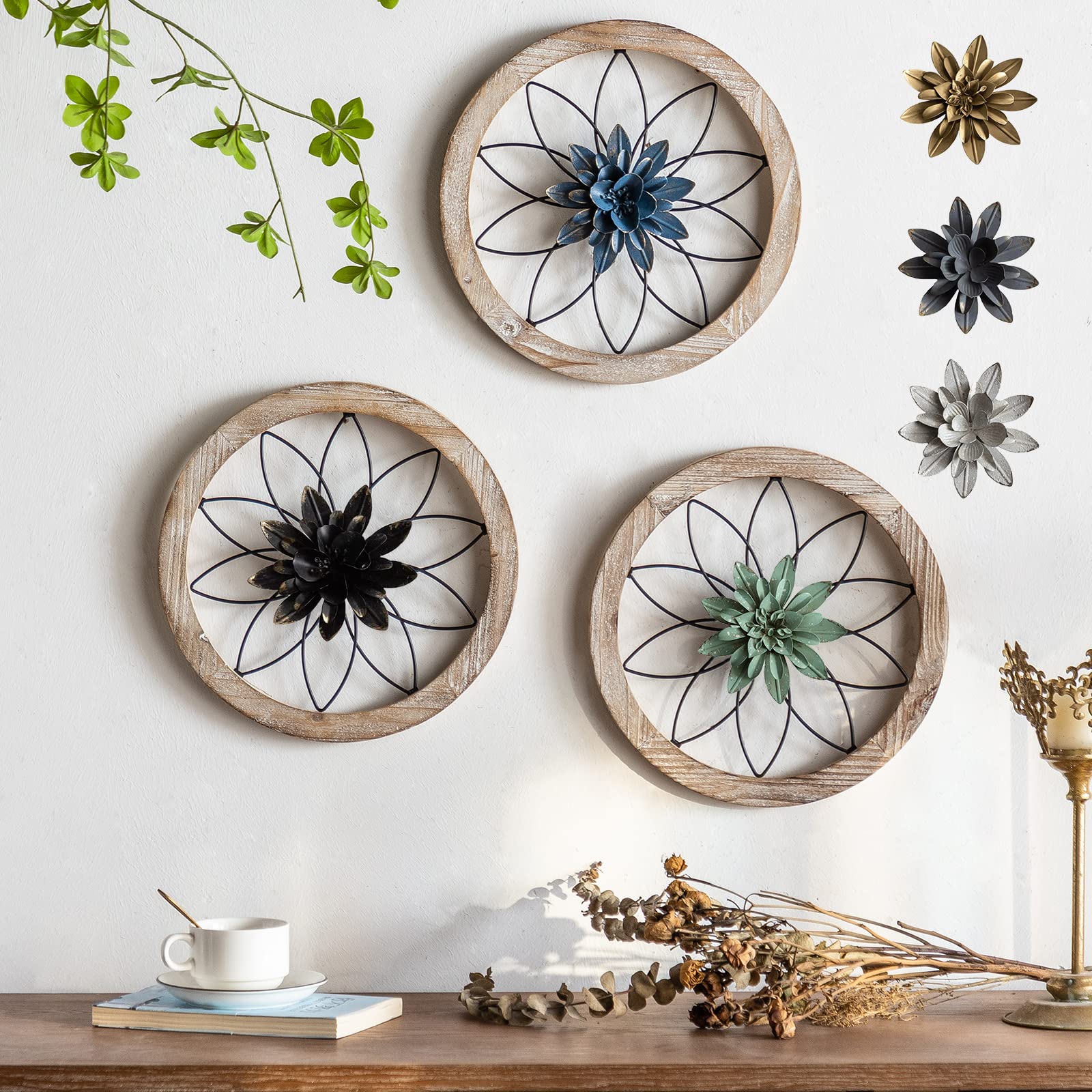 Paquesta 3 Piece Round Farmhouse Wall Decor with 6 Piece Interchangeable Flowers 12 Medallion Wood & Metal Rustic Wall Art for