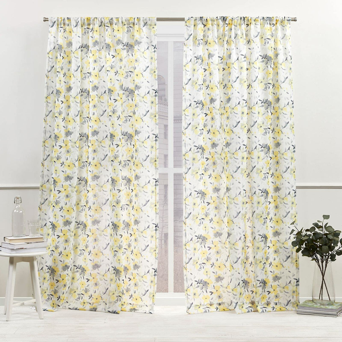 Nicole Miller New York Hattie Light Filtering, Semi Sheer Rod Pocket Curtain Panels, 54x108, Yellow, Set of 2