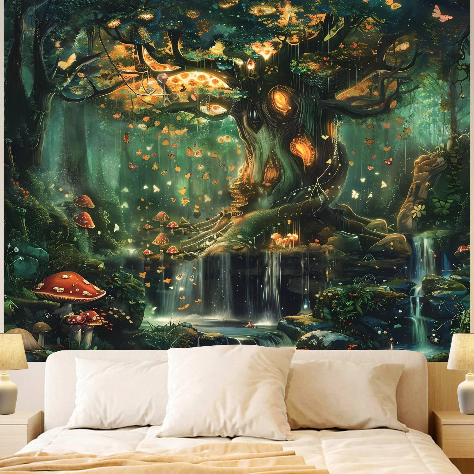 Apdidl Forest Wall Tapestry For Bedroom, Nature Green Tree Of Life Tapestries Wall Hanging, Fairy Tales Magical Landscape Backdr