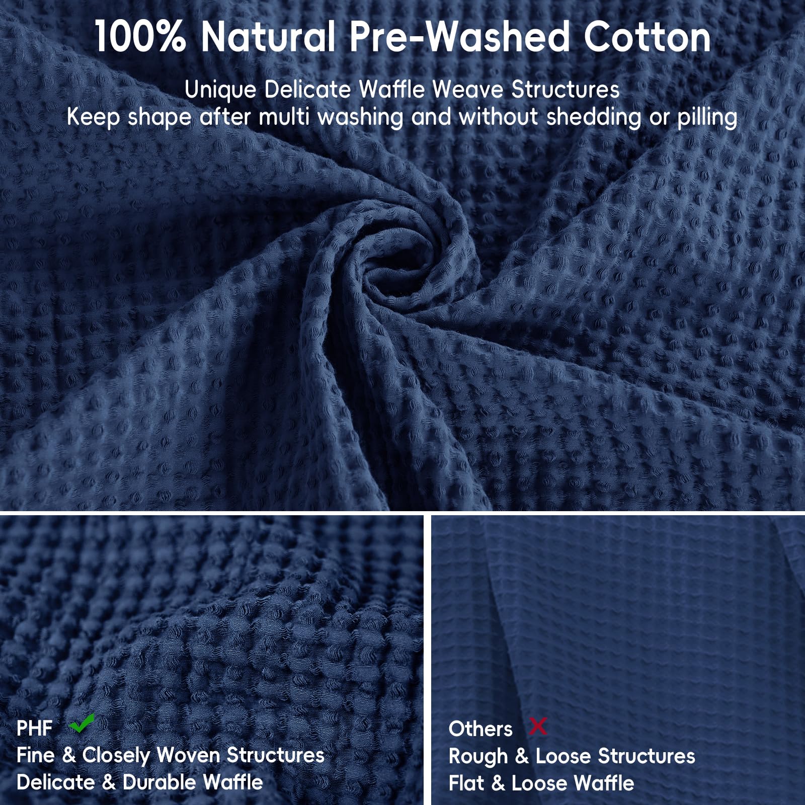 Phf 100% Cotton Waffle Weave Blanket Twin Size 66'X90' - Lightweight Washed Soft Breathable Blanket -Great Blanket Layer For Couch Bed Sofa - Elegant Aesthetic Roome Decoration - Navy Blue/Bright Blue