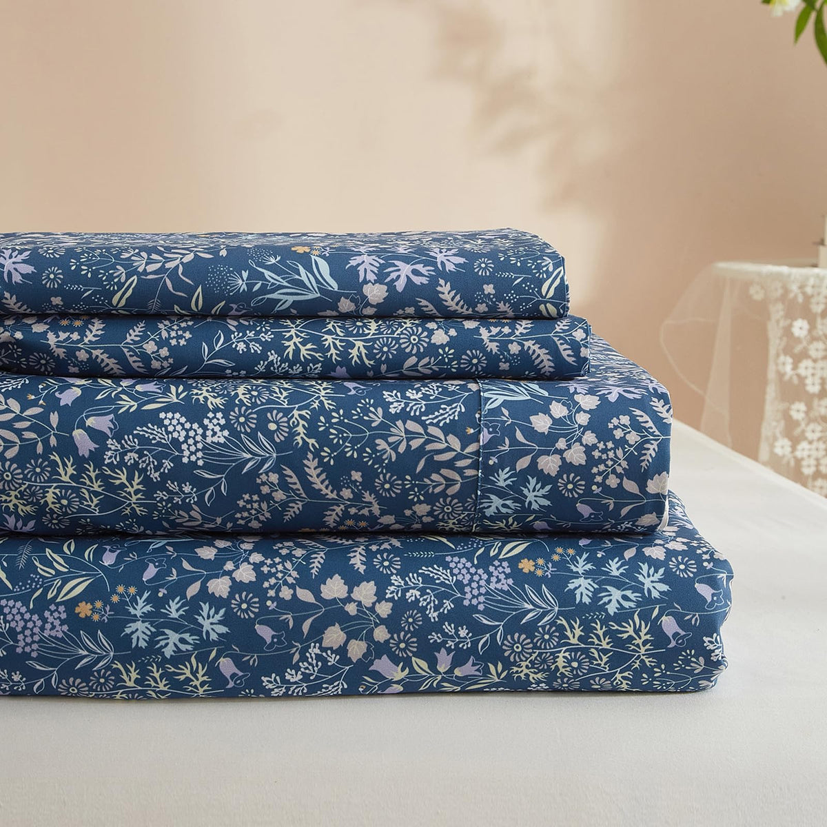 Blue Floral Sheets King Bed Set,4 Piece King Sheets Boho Bed Sheet Set,Soft Cooling Sheets King Deep Pocket 16' Easy Fit Flat S