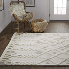 HomeRoots 512805 9 x 12 ft. Ivory Tan & Silver Wool Geometric Hand Tufted Handmade Stain Resistant Rectangle Area Rug