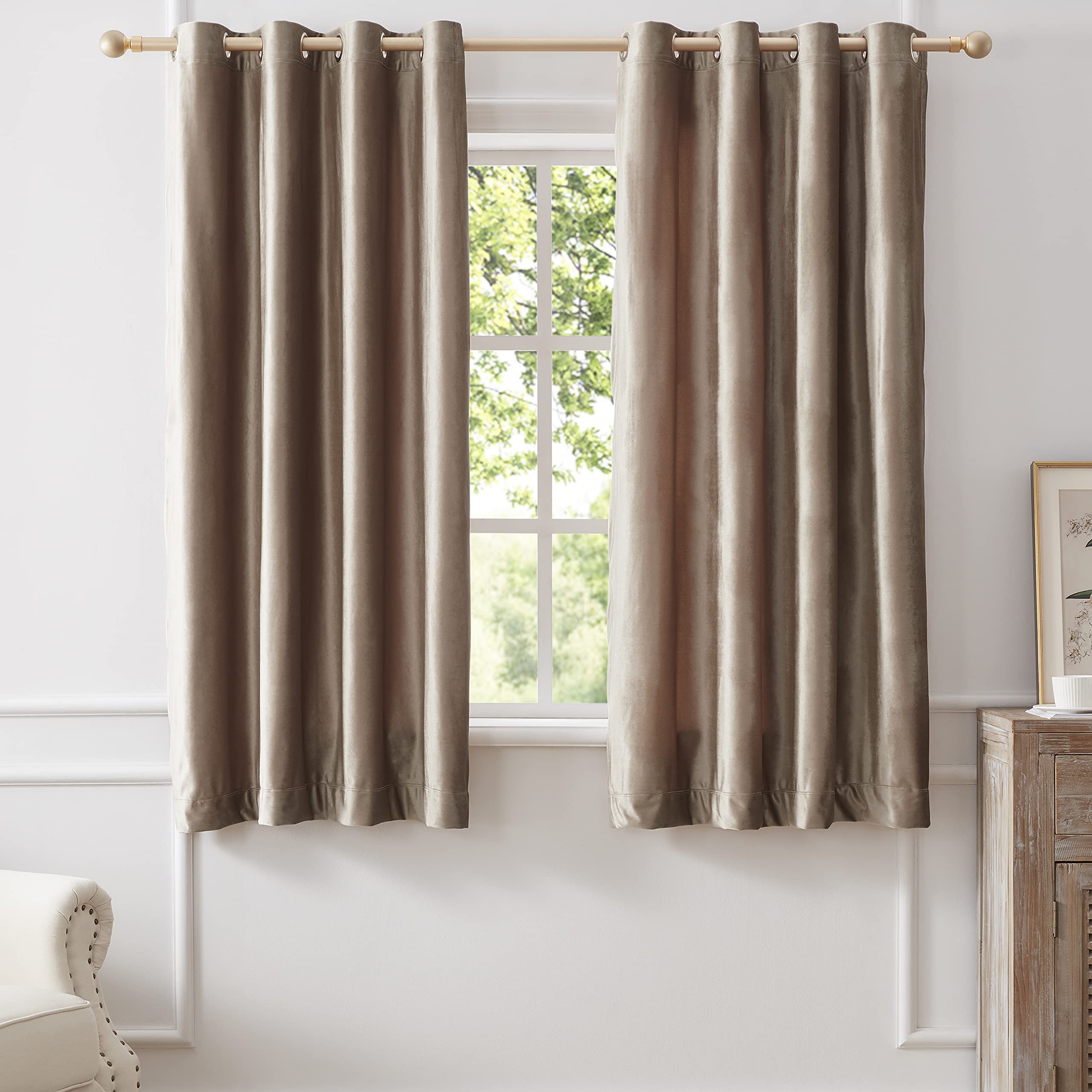 Bulbul Velvet Curtains 63 Inch Length- Living Room Taupe Blackout Window Drapes Curtains Thermal Insulated Room Darkening Decor