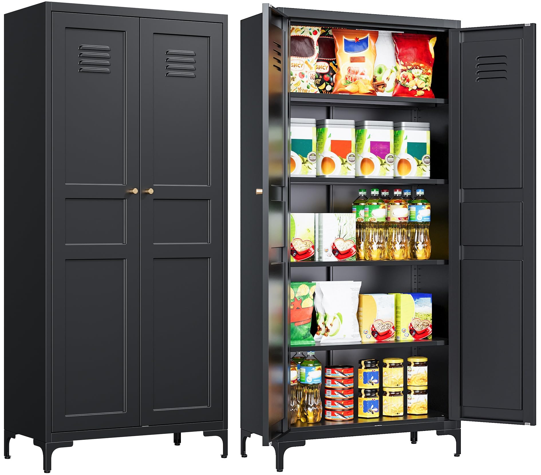 Metal Storage Cabinet with Doors and Shelves,Metal Pantry Cabinet,Black Craft Storage Cabinet,Ventilated Pantry Storage Cabinet,