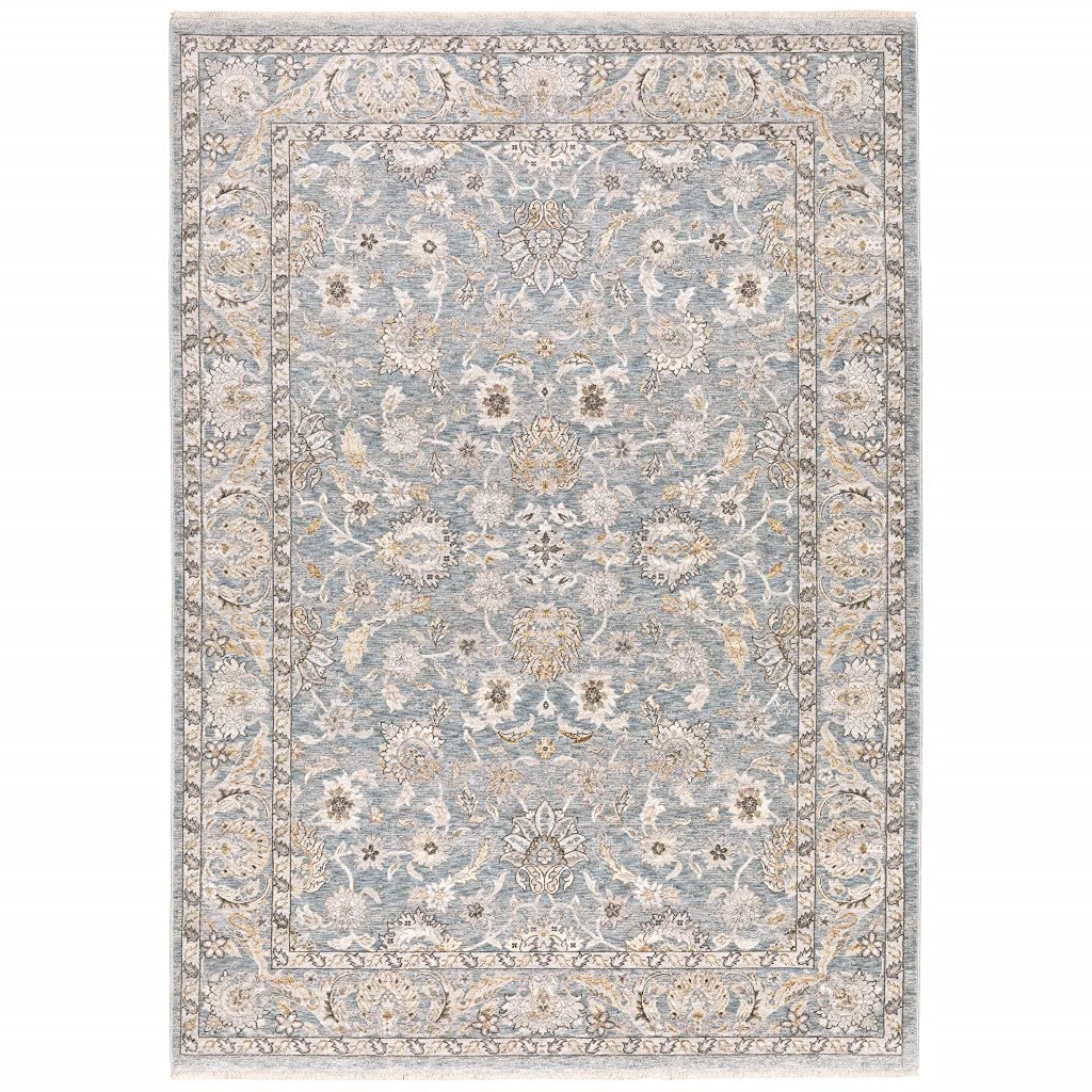 HomeRoots Polyester 5' x 8' Blue Ivory Machine Woven Floral Oriental Indoor Area Rug