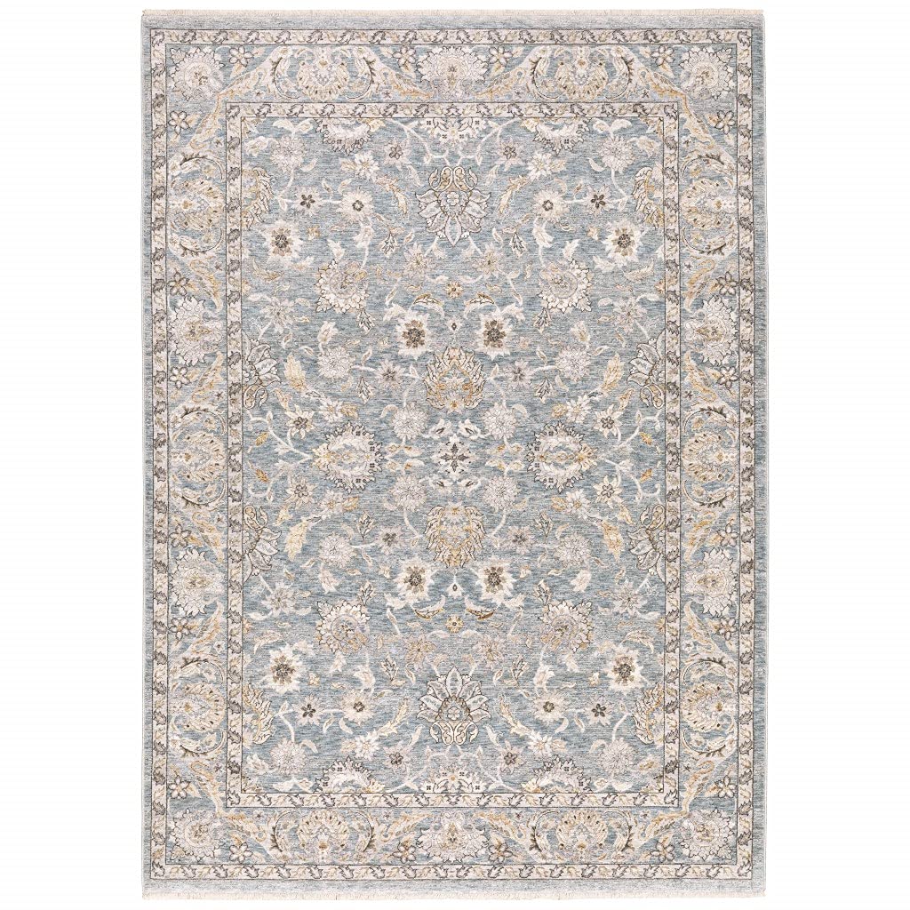 HomeRoots Polyester 7' x 10' Blue Ivory Machine Woven Floral Oriental Indoor Area Rug